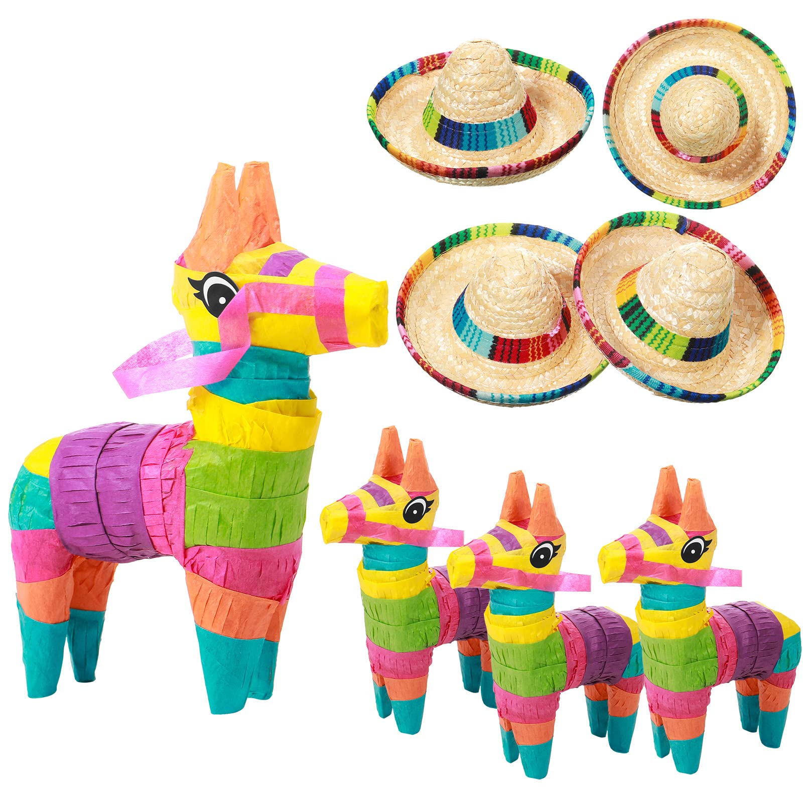 4 x 7 Inch Mini Donkey Pinata and Mini Sombrero Party Hats Mexican Hat Party Decorations Fiesta Decorations Mini Mexican Pinata for Kids Birthday Fiesta Taco Party Supplies Luau Photo Prop (8)