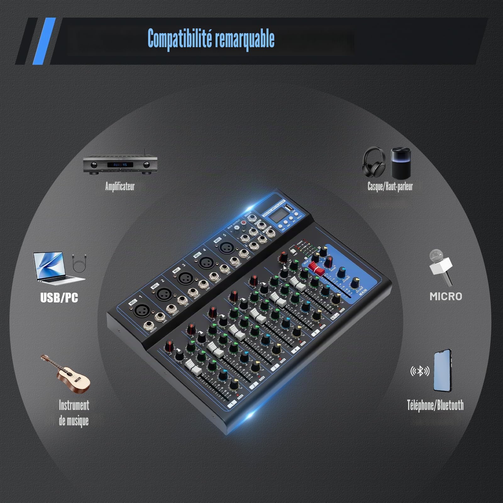 Table de mixage 7 canaux, table de mixage, enregistreur audio et USB, entrée micro 2, port USB, pour microphones, guitares, basses, claviers, mixeurs, instruments, etc