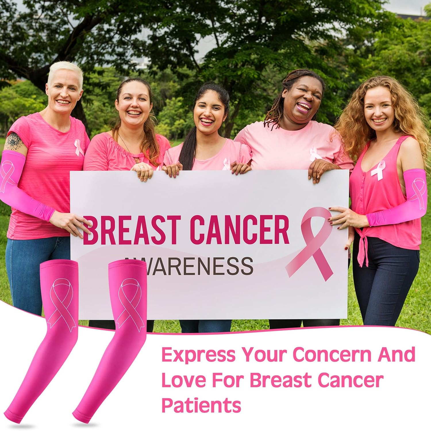 Gejoy 4 Pair Breast Cancer Awareness Sleeves Pink Ribbon Compression Arm Sleeves Gifts for Women Arm Cover