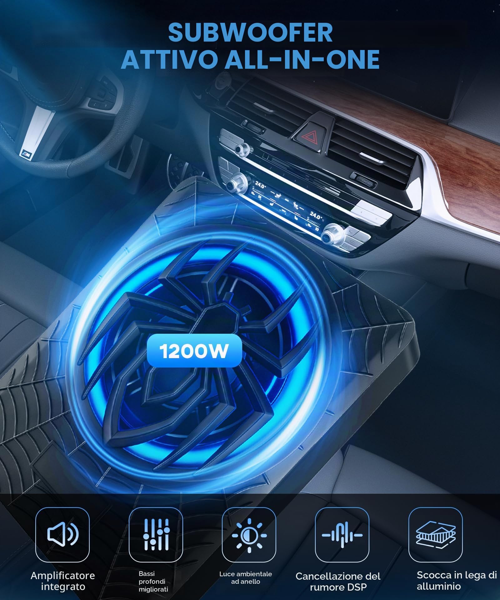 Hodozzy Subwoofer Attivo per Auto da 1200W 10 Pollici, Set Subwoofer e Amplificatore Ultrapiatto ad Alta Potenza da Posizionare Sotto il Sedile con Luce RGB Sincronizzata al Ritmo, Motivo a Ragno
