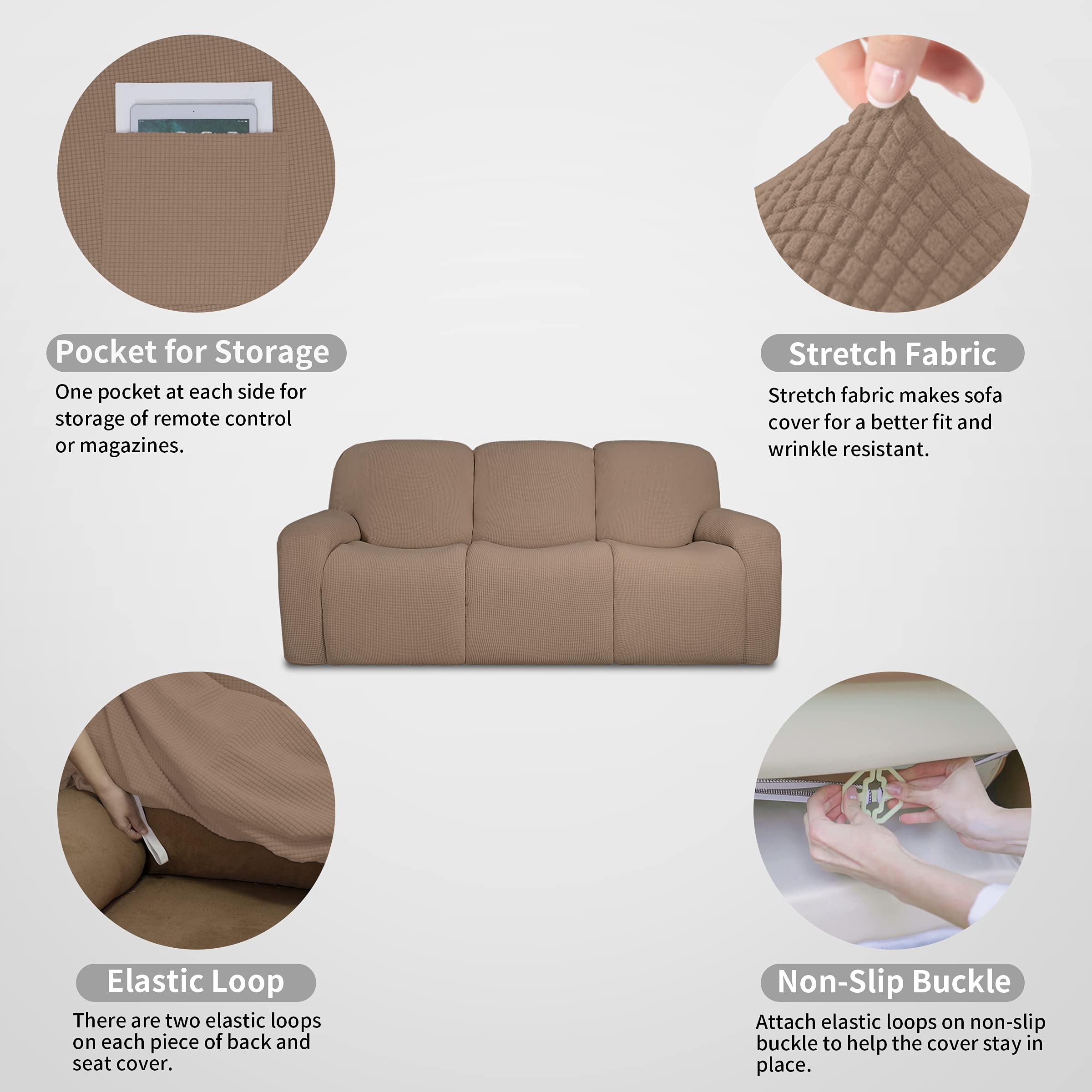 Easy-Going - Copridivano 100% impermeabile, per divano reclinabile a 3 posti, 8 pezzi, elasticizzato, con tasca, in tessuto jacquard, a prova di perdite, lavabile (per divano, color caramello)