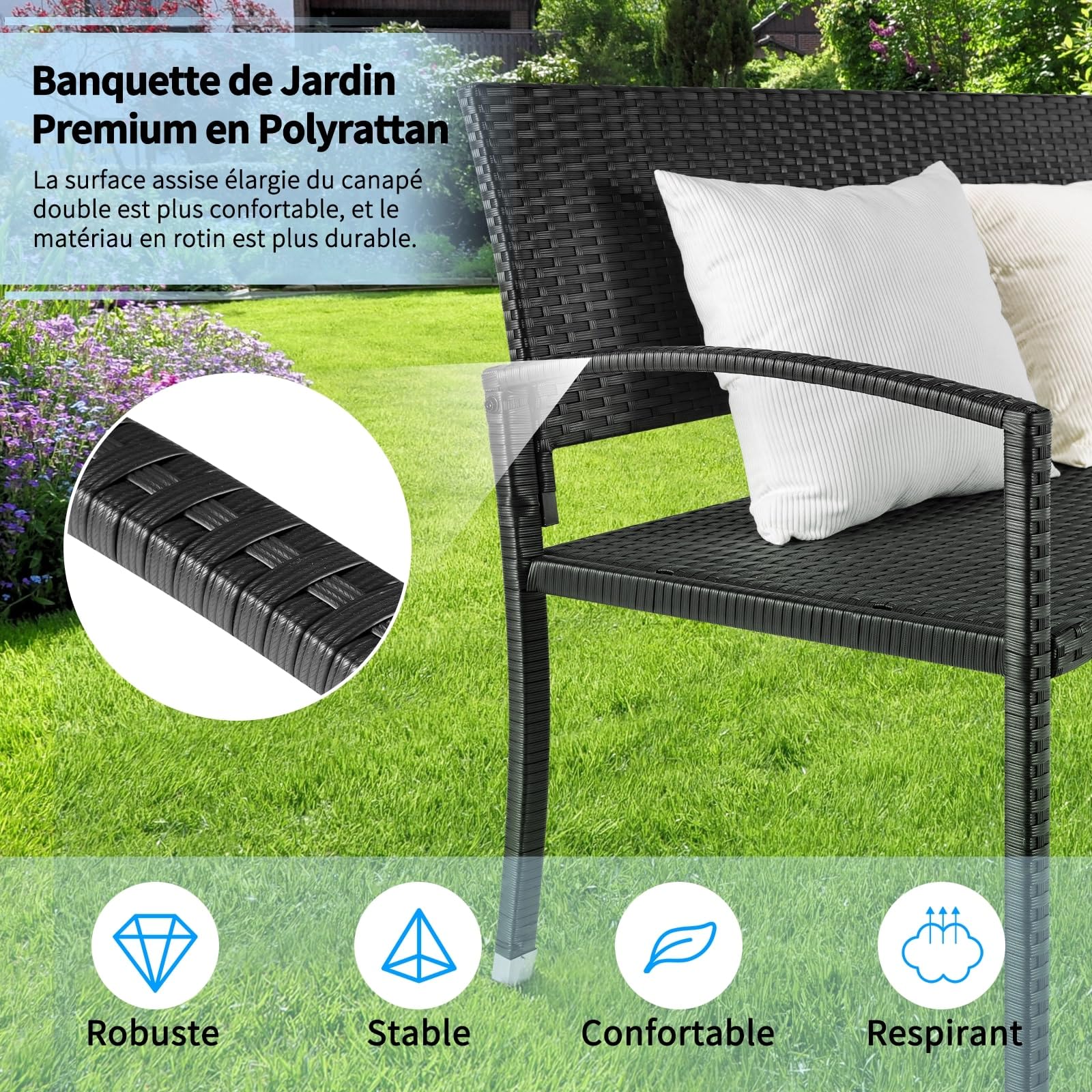 LIFERUN Banc de Jardin en Rotin, Banc Extérieur en Polyrotin