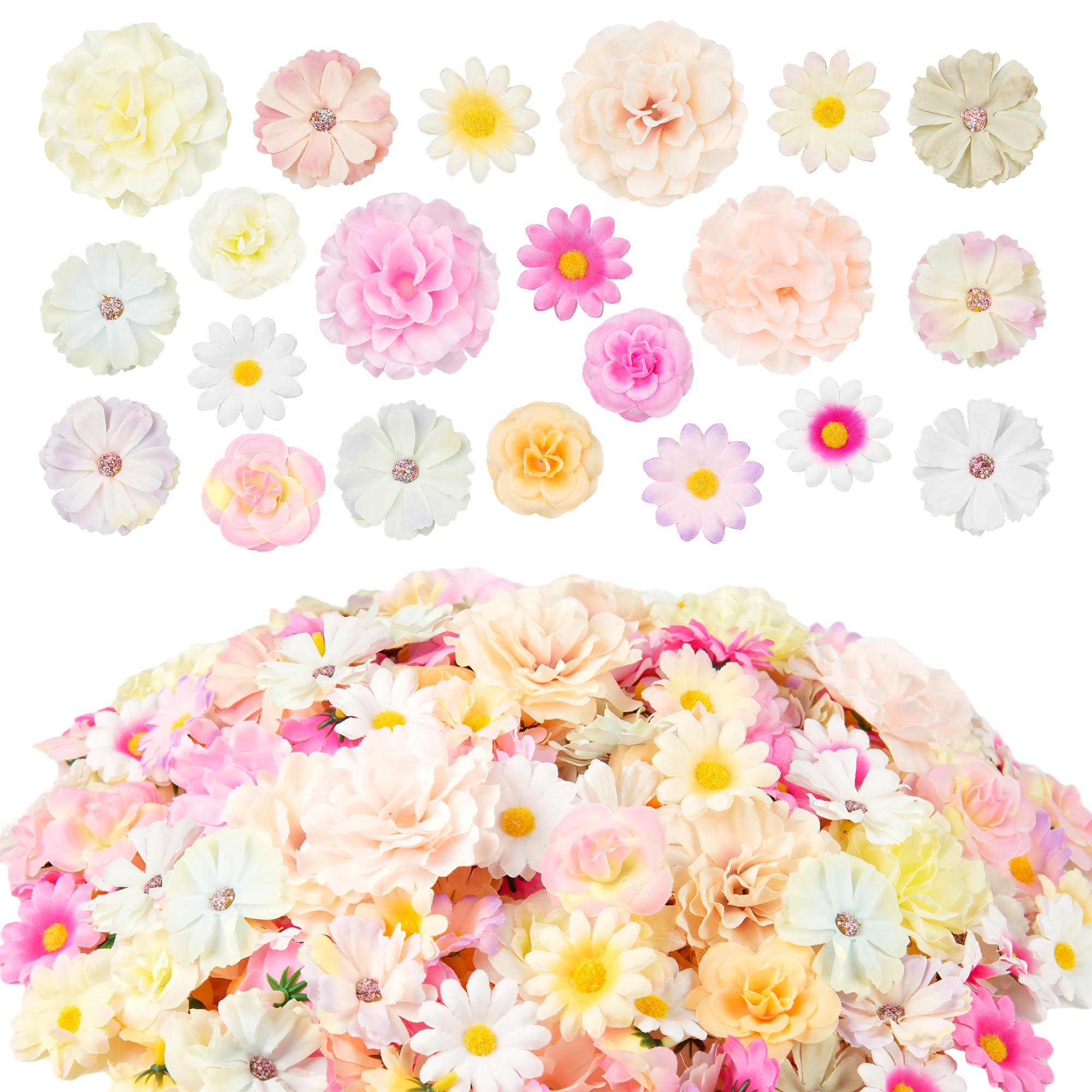 210 Pcs Mini Silk Flower Heads Small Fake Rose Daisy Faux Flowers Bulk for Crafts Artificial Loose Fabric Flowers Heads Sunflower Bulk for Wedding Hair Cap Dresses Decorations (Light Colors Mixed)