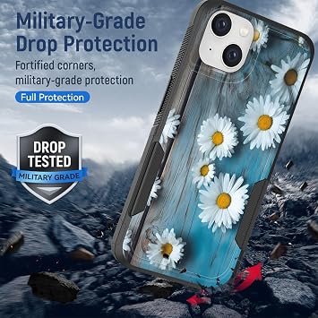 iPhone 15 Plus用ケース デュアルレイヤー ハイブリッド 高耐久 頑丈 耐衝撃 ハードPC + ソフトシリコン保護ケース iPhone 15 Plus 6.7インチ 2023年用 古い木製デイジーフラワー