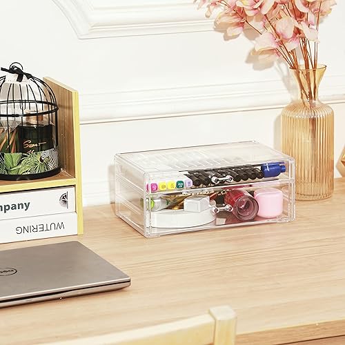 Miniatura 5 de Cq Acrylic Organizador de escritorio transparente con 2 cajones, organizador de maquillaje y cuidado de la piel para tocador, clip para el cabello y