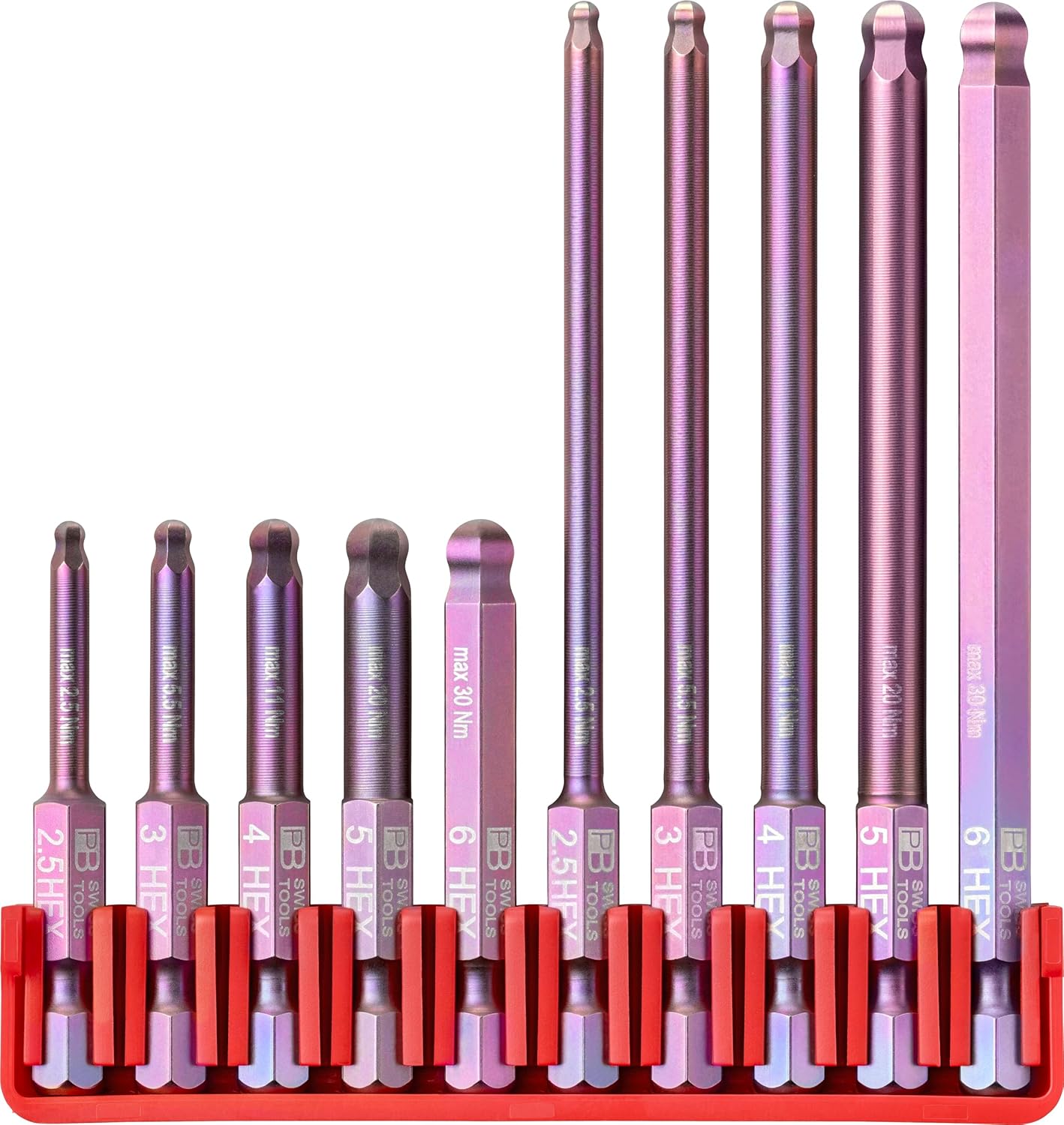 PB Swiss Tools Hex Bit Block PB E6.714 CN | 100% Swiss Made | 10-Piece Bit Set with 10 Long E6 1/4" PrecisionBits and Ball End, Sized 2.5-6 mm