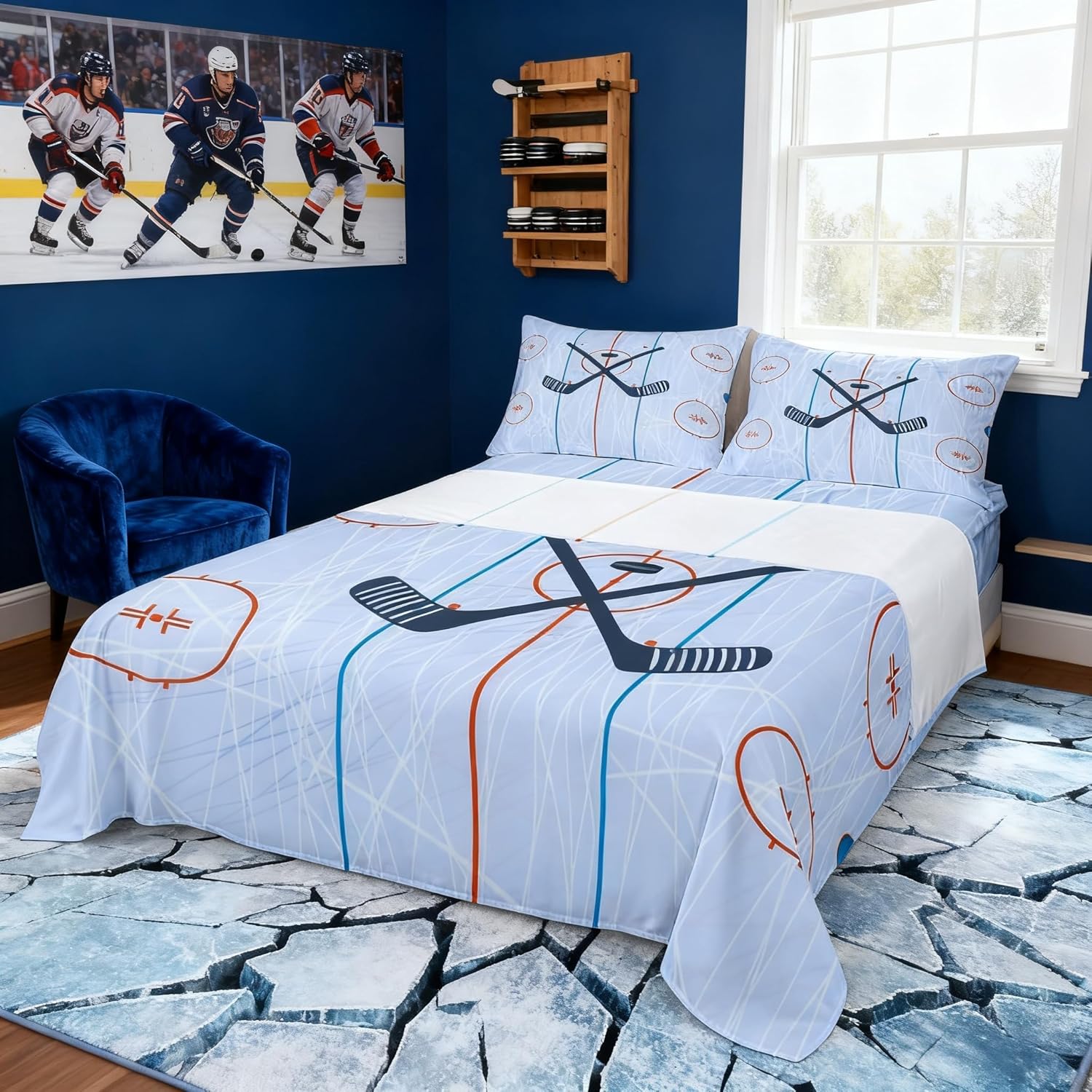 Ice Hockey Kids Sheet Queen Size,Hockey Stadium Rink Bedding Set for Boys Girls Adults,Winter Event Ball Games Lovers Modern Stylish Bed Sheet Set 4pcs(Fitted Sheet + Flat Sheet + 2 Pillowcases)