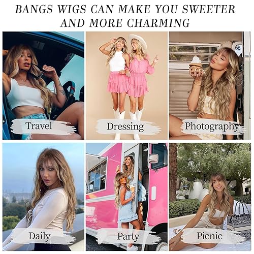 Miniatura 4 de AISI QUEENS Peluca rubia ombré con flequillo pelucas largas y onduladas para mujer pelucas sintéticas rizadas onduladas con raíz oscura parte media