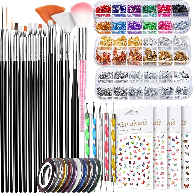 Kit de decoración de uñas para adolescentes, kit de diseño de uñas, herramientas de decoración de uñas con juego de pinceles para decoración de uñas, herramientas de punteado de uñas, diamantes de imitación para uñas, pegatinas para uñas, cintas para decoración de uñas, láminas para decoración de uñas