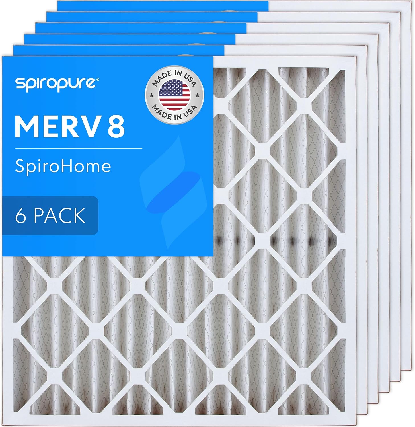 SpiroPure 20X21X4 MERV 8 Pleated Air Filters - Made in USA (6 Pack)
