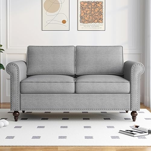 Miniatura 8 de Mjkone Juego de sofá de 3 piezas, moderno sofá seccional y sofá biplaza y sillón, patas de madera en forma de calabaza, tela de lino y diseño de