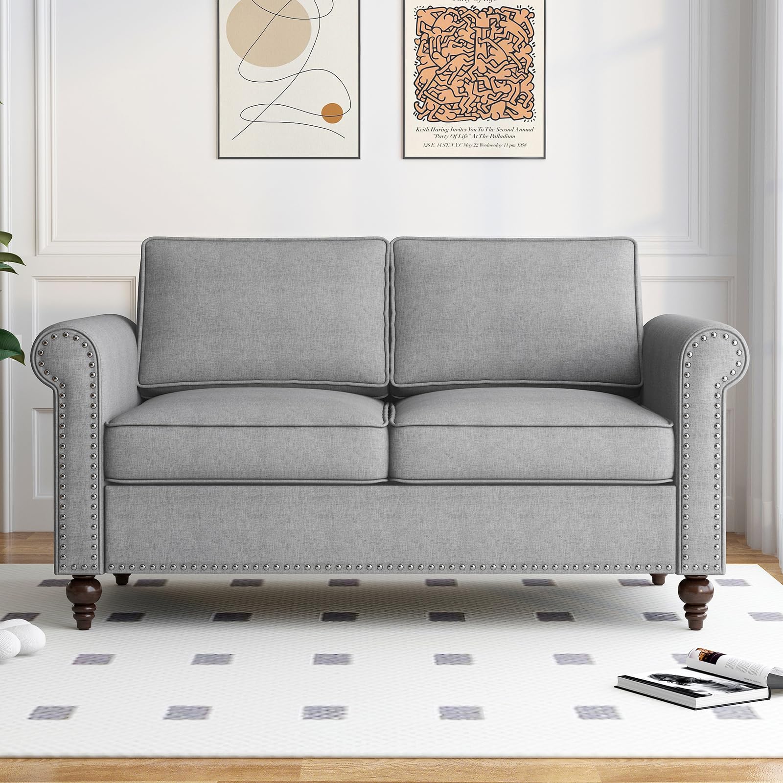 PUREMIND Loveseat Sofa Couch, 2 Seat Couches for Living Room Mid Century Modern Couch with Solid Wood Frame Linen sectional Couch Sofa for Home for Office for Apartment Light Grey