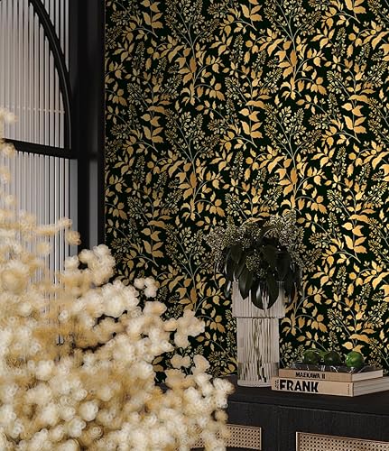 Miniatura 7 de Fiula Papel pintado negro y dorado de 16.1 x 393 pies, papel tapiz extraíble autoadhesivo decorativo para estantes y cajones, rollo impermeable