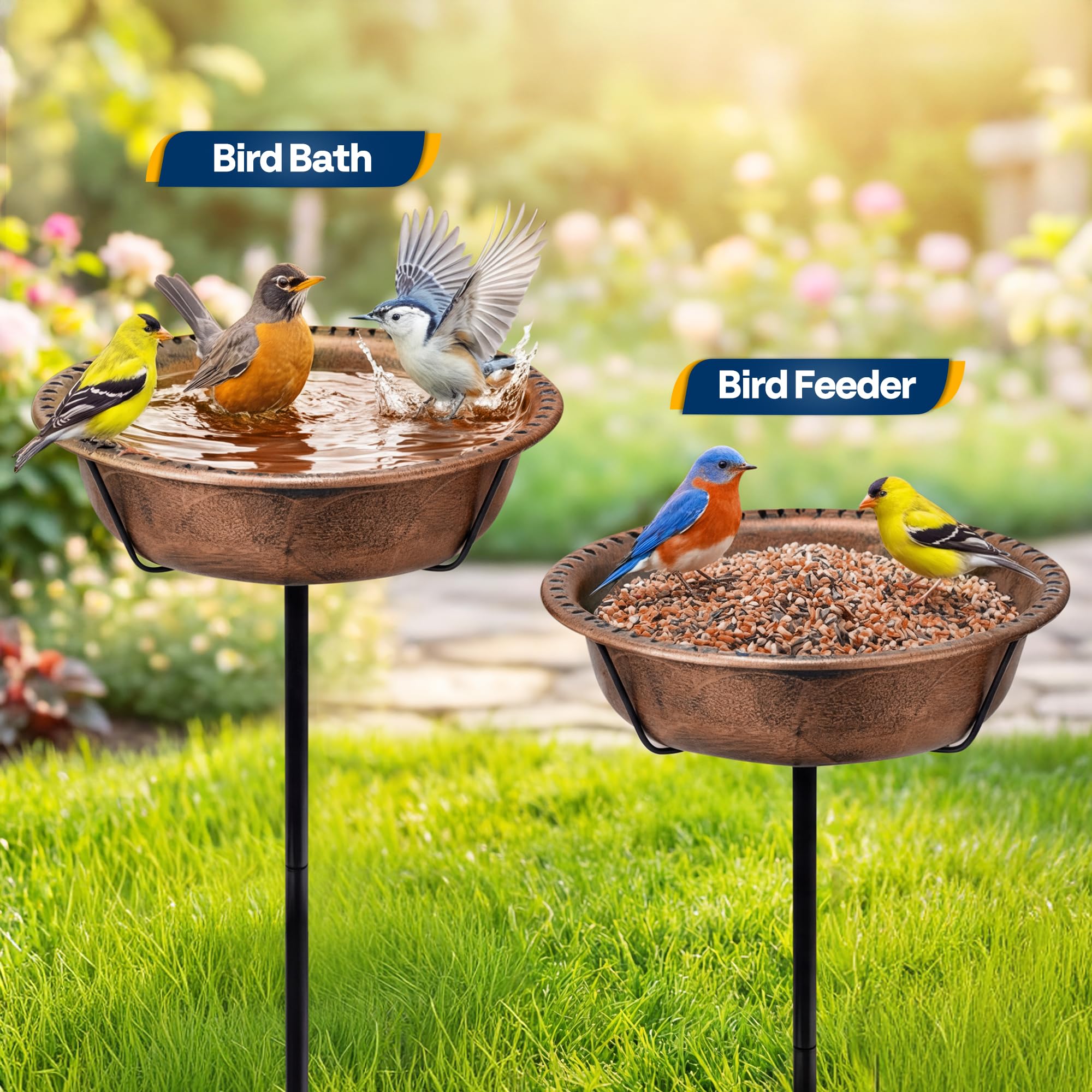 VIVOHOME Bird Bath for Garden, Metal Vintage Freestanding Birdbaths, Upgraded 4-Pronged Base, Bird Baths Feeder Bowl for Outdoor Garden Patio Yard Lawn Decor Retro Bronze - 5