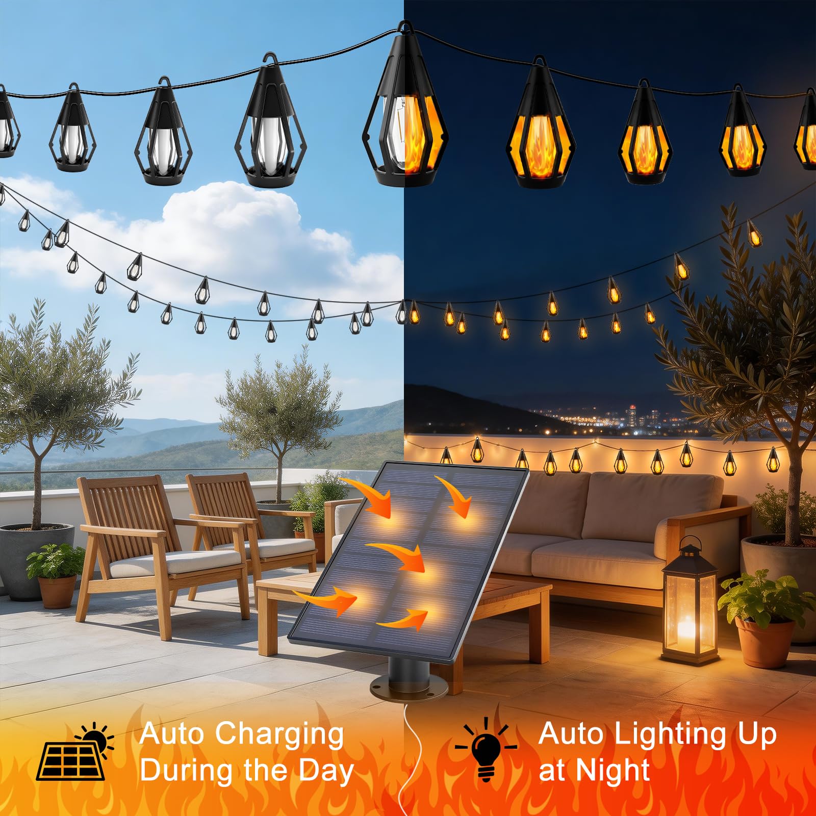 Vivideal Solar-Lichterkette für den Außenbereich, wasserdicht, 15 m, Solar-Terrassenlichter mit 15 flackernden Flammen, solarbetriebene Lichterkette für den Außenbereich, Garten, Hinterhof, Pavillon