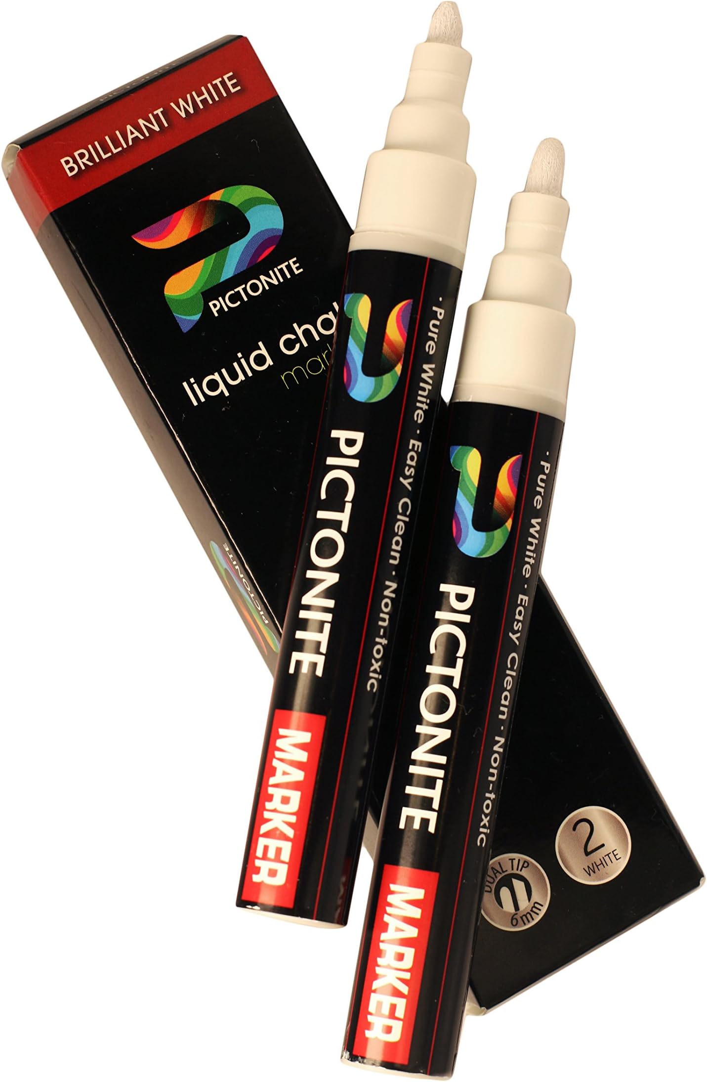 Premium White Liquid Chalk Marker DUAL tip Reversible Pens by PICTONITE 2 Pack 6mm Fine Nib Perfect for Kids Art Bistro Boards Glass