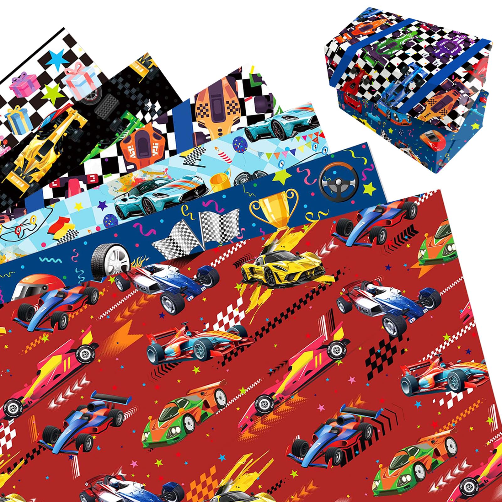 MORAINJAY 12 Sheets Racing Wrapping Paper, Race Car Gift Wrap for Boys Birthday, Kids Party Decorations Gift Wrapping, 68x50cm