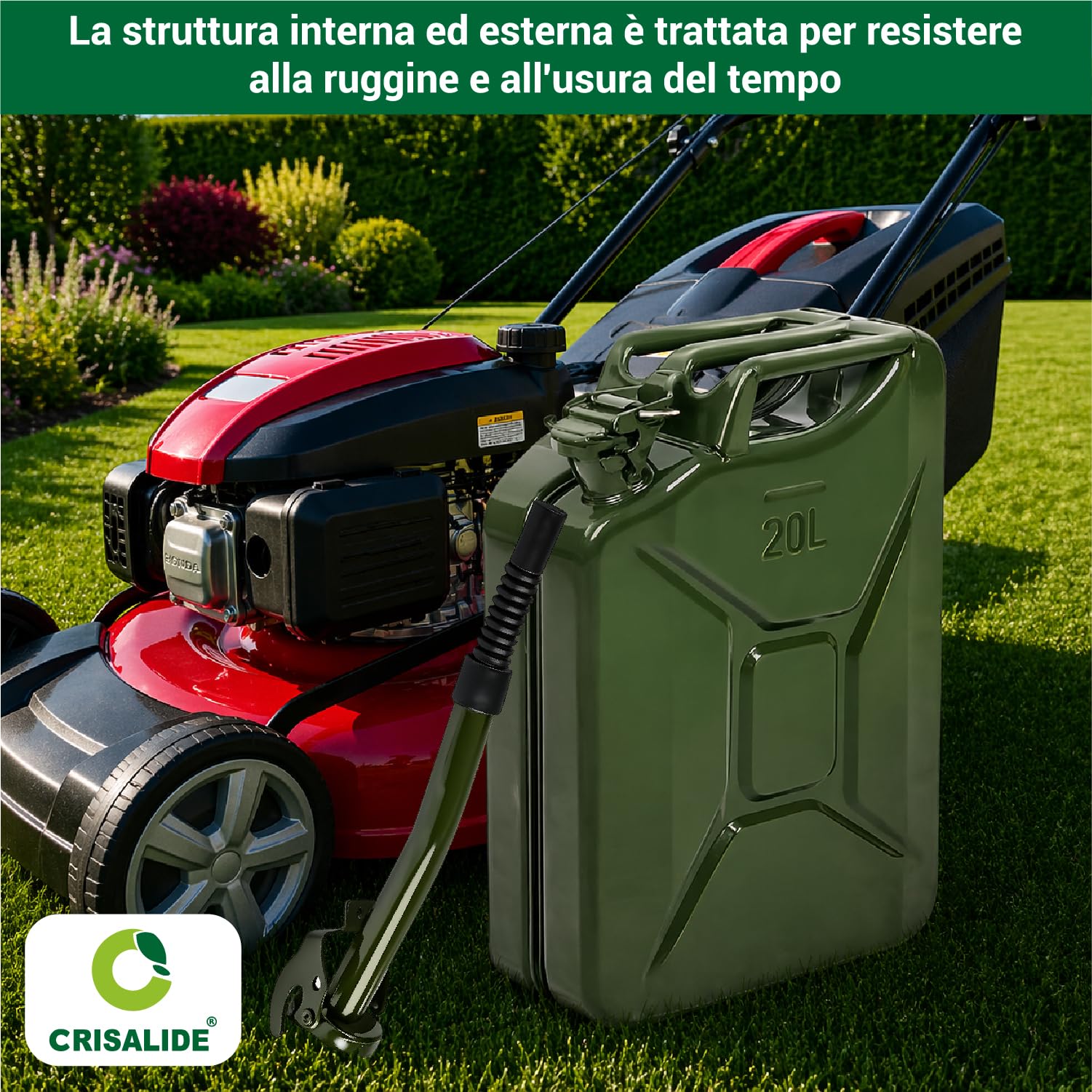 Crisalide® - Bidón de combustible de acero, 5 l, 10 l, 20 l con boquilla de transporte, homologado para transporte de gasolina y gasóleo, antioxidante, cierre hermético, bidón de gasolina de metal (20