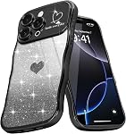 Teageo pour iPhone 15 Cas pour les femmes filles Mignon Curly Wavy Frame Love Heart Glitter Bling Protection de la caméra Sparkly luxe élégant Shockproof Cover Clear Wave Phone Case pour iPhone 15, bleu