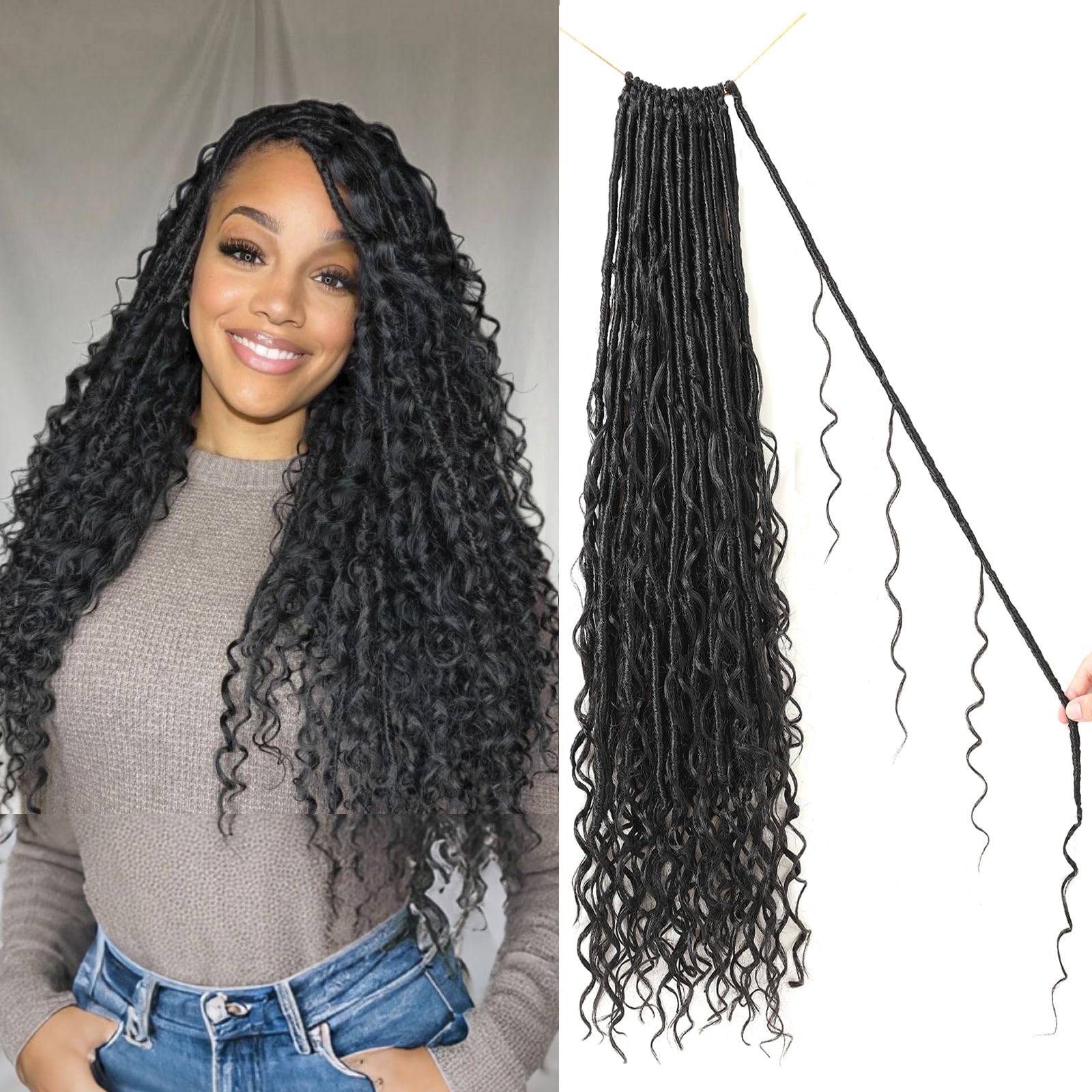 Boho Faux Locs Crochet Hair, Pre-Looped Goddess Locs with Curly Ends