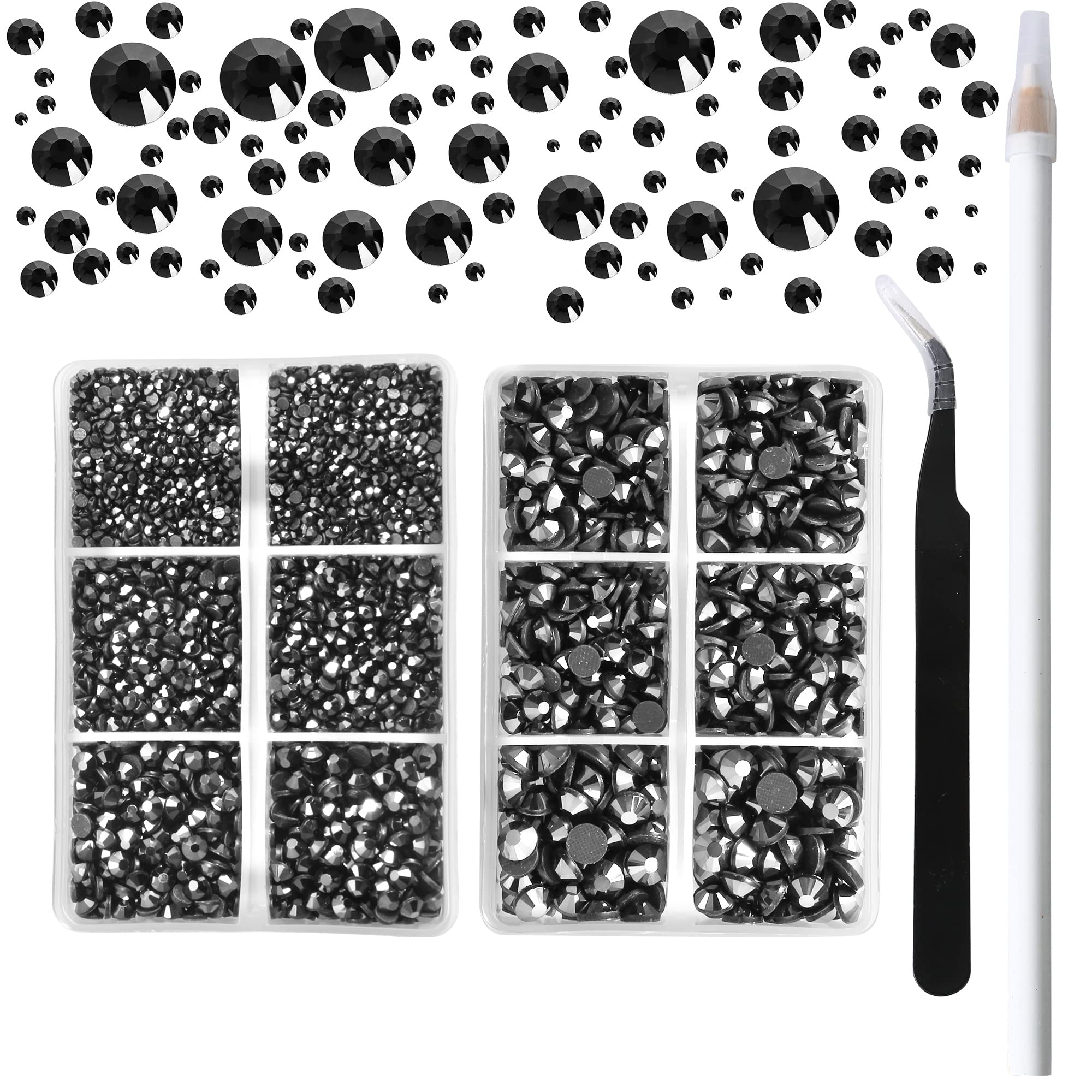 AARDWO 6616pcs Hotfix Rhinestones 5 Sizes Flat Back Nail Gems Nail Diamonds with Tweezers and Picking Rhinestones Pen for Crafts Nails Clothes Decoration(Hematite Black)