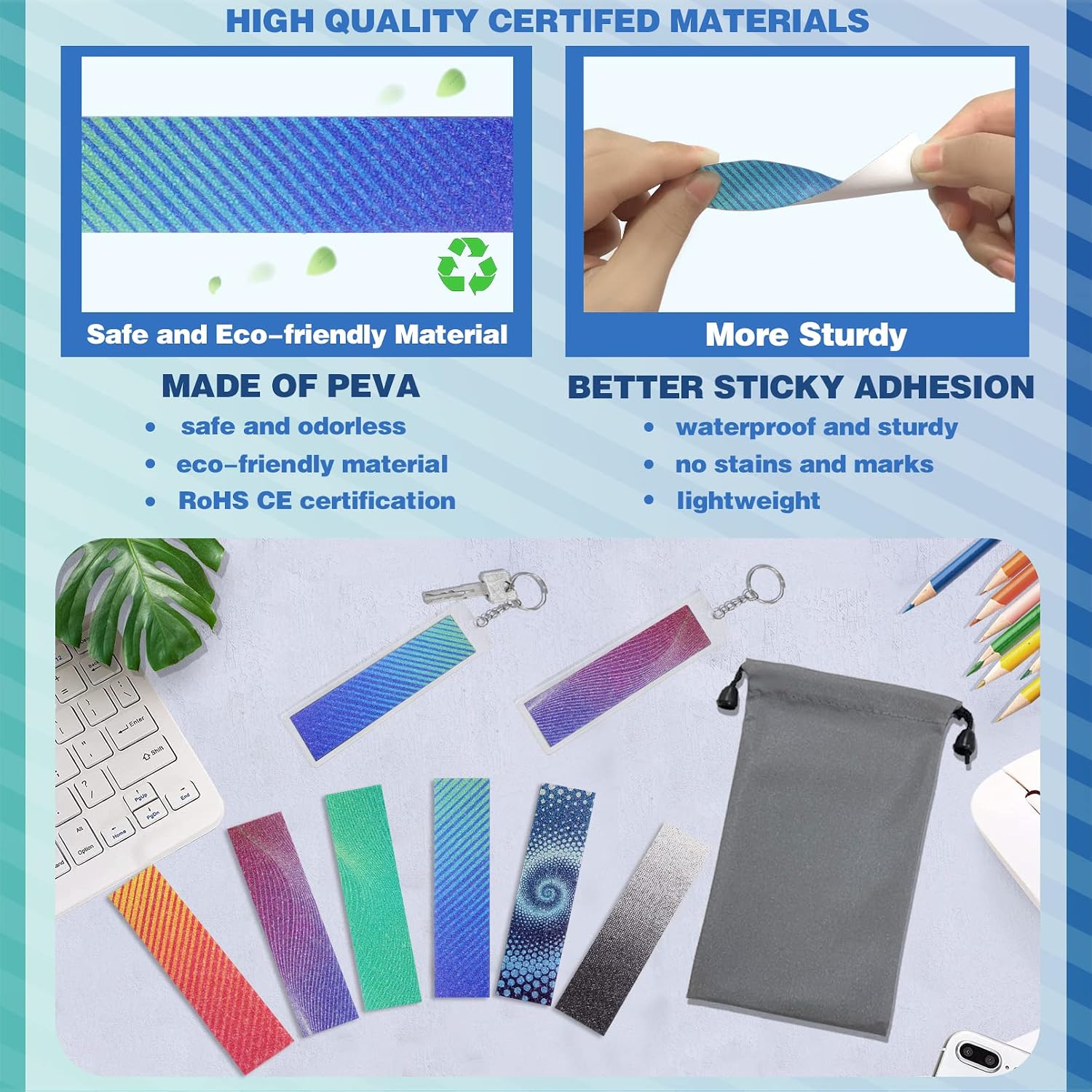 36 Pcs Calm Strips Anxiety Sensory Stickers Kit Include 36 Sensory Strips Stickers with Storage Bag and 6 Keychain Fidget Textured Strips Toys for Desk Adults Teens Tension (Gradient Style)