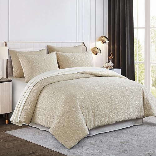 Miniatura 3 de Juego de edredón de algodón bohemio tamaño King, juego de edredón beige extra suave vintage de granja lavado, juegos de ropa de cama jacquard de 3