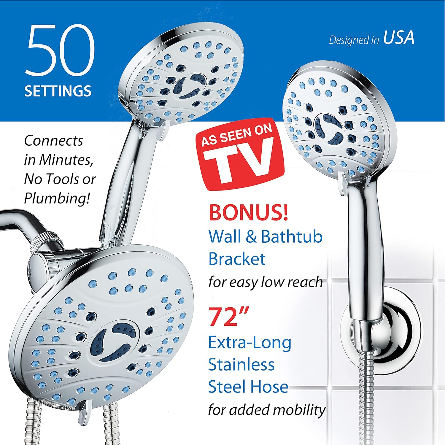 Chrome Dual Shower Head with Handheld and Rain Settings