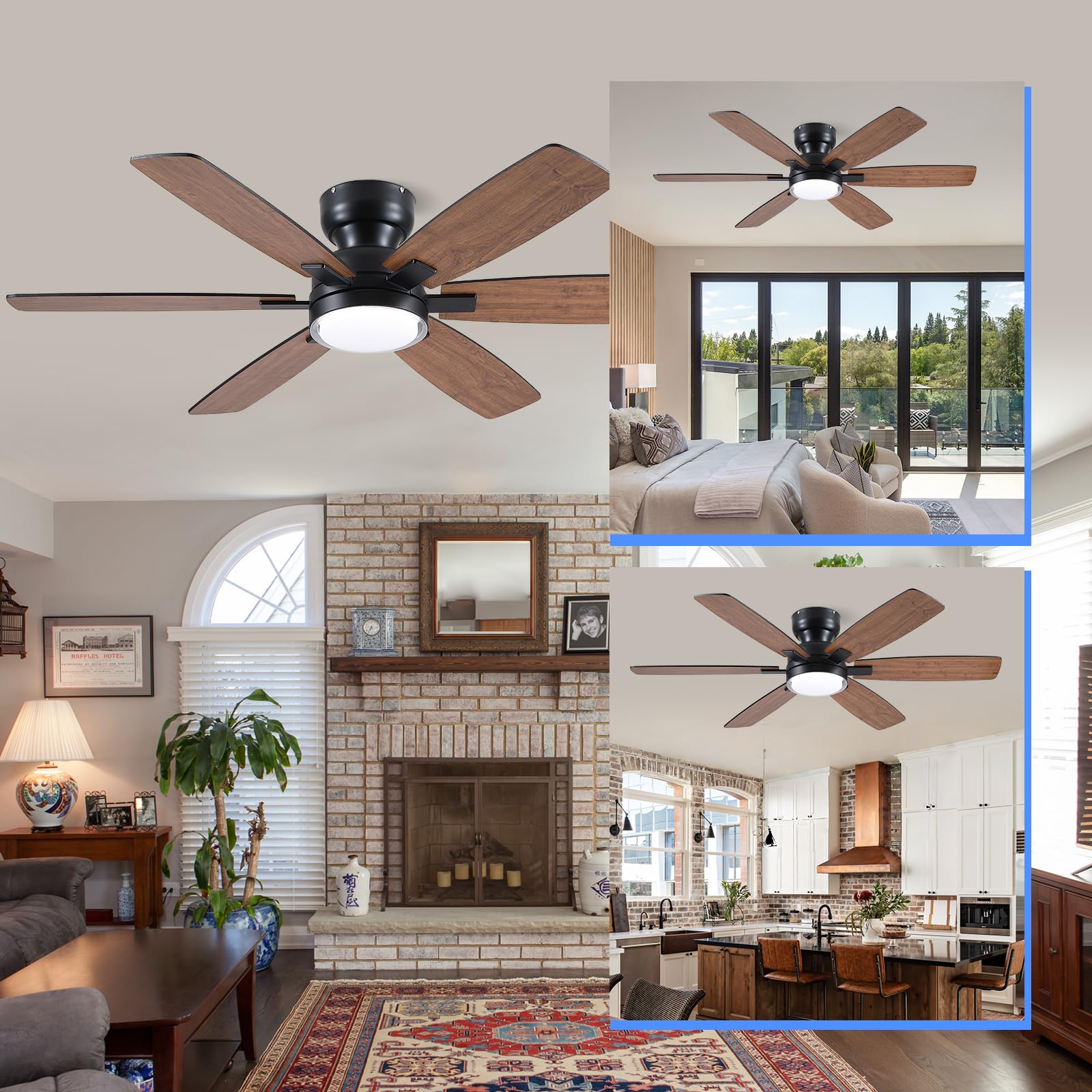 Kviflon Ventilador de techo rústico 132 cm con luz, montaje empotrado bajo, control remoto y APP, 6 aspas reversibles dobles, luz LED regulable 3 CCT para salón y estilo granja, marrón