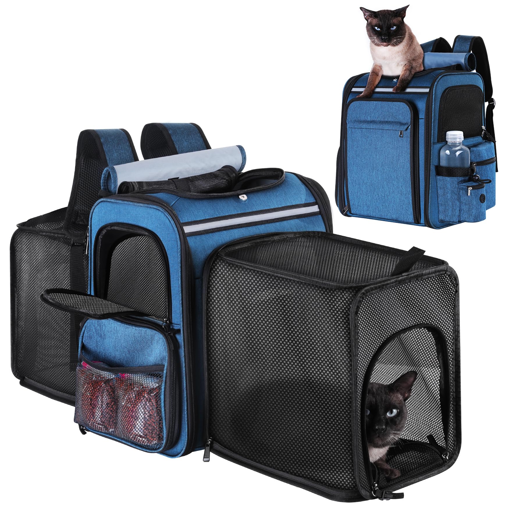 Groxkox Cat Carrier Backpack for Travel,Dog Carrier Backpack for Large cat, Small Dogs,Puppies Up to 20 Lbs,Expandable Cat Backpack for Outdoor Hiking,Pet Carrier Backpack,Cat Backpack Carrier (Blue)
