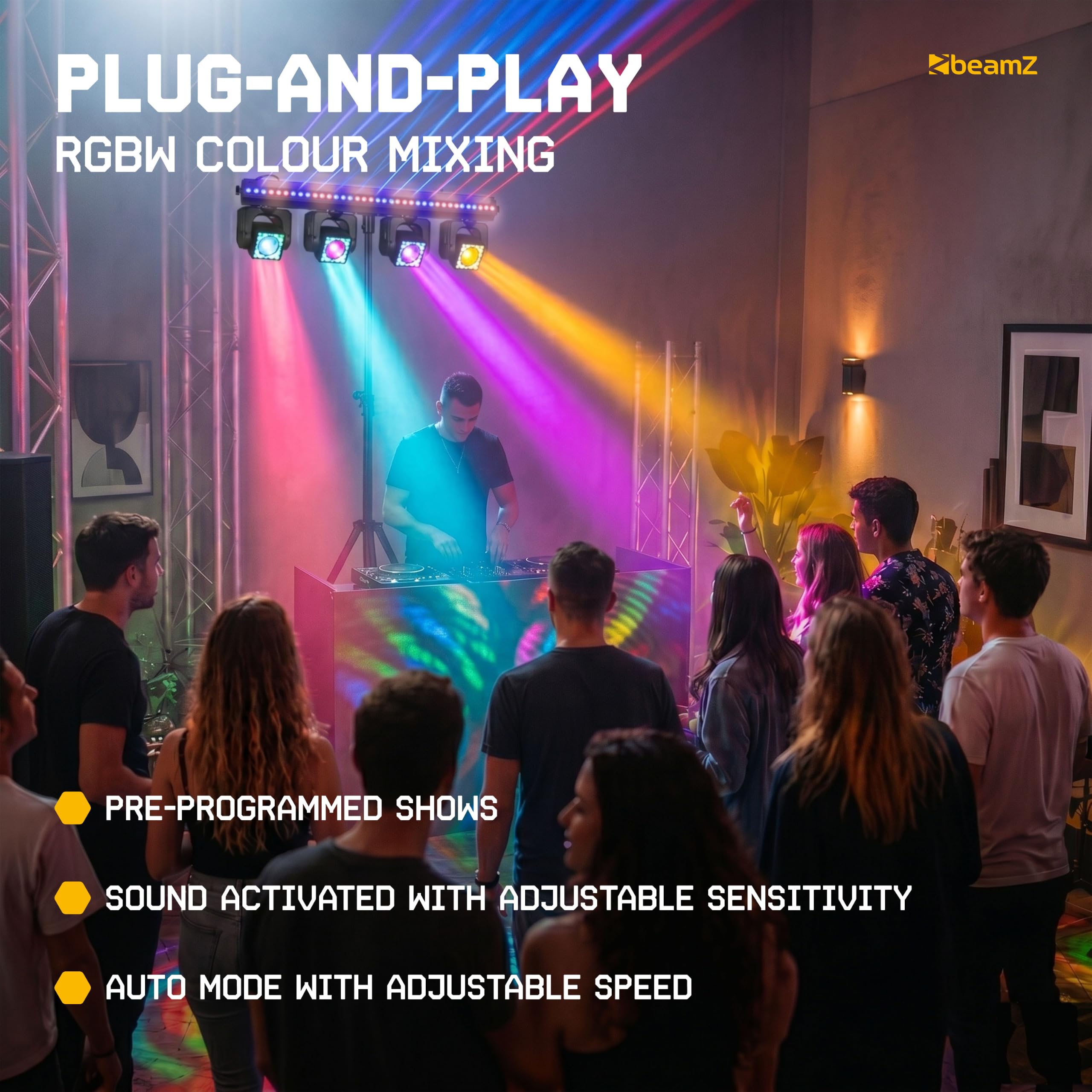 BeamZ Showbar GO Vibe Barre 4 Lyres LED RGBW 160W avec Barre LED et Anneaux LED, Éclairage DJ Scène Animation