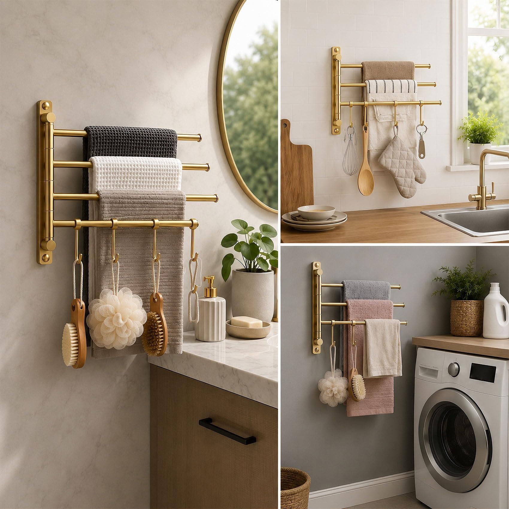 Toallero Giratorio para baño, Toallero de Latón Macizo Premium, Barra Giratoria 180 Grados con Ganchos, Color Dorado Cepillado, Montaje en Pared, 4 Barras(Black Gold,27cm/10.6in)