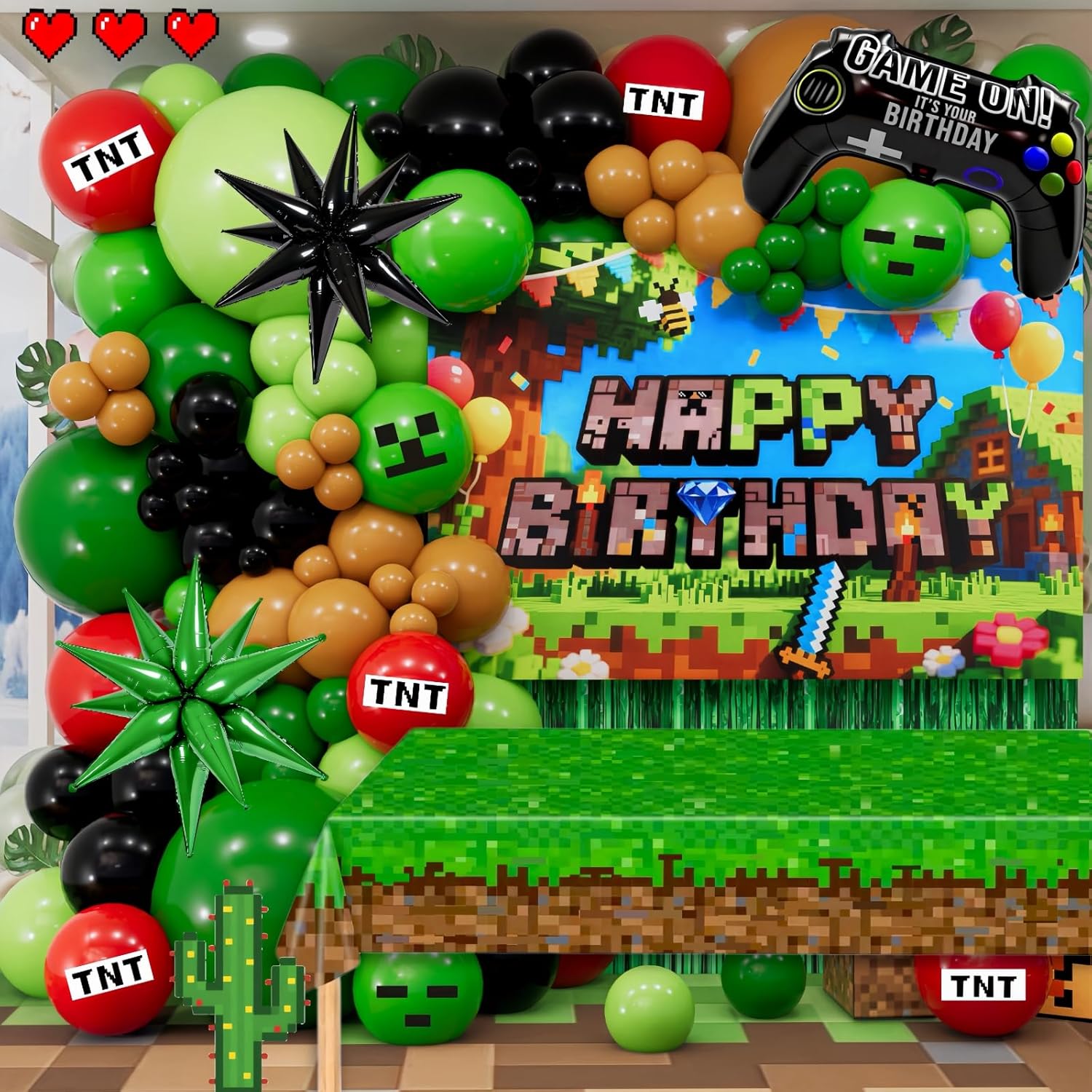 Pixel Gamer Birthday Decorations for Boys– All in One Party Decor Kit with Authentic Biome Colors (Cocoa Brown, Jungle Green, Black) – Includes TNT & Controller Foil Balloons, Backdrop, and Tablecloth