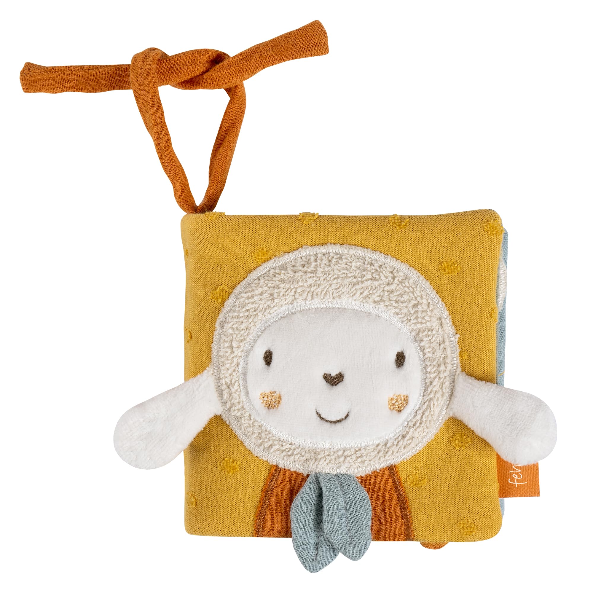 Fehn livre tactile mouton NATUR - Livre pour poussette en tissu - avec couineur, papier bruissant, miroir et cordons de fixation - Livre en tissu pour bébés et enfants en bas âge dès la naissance