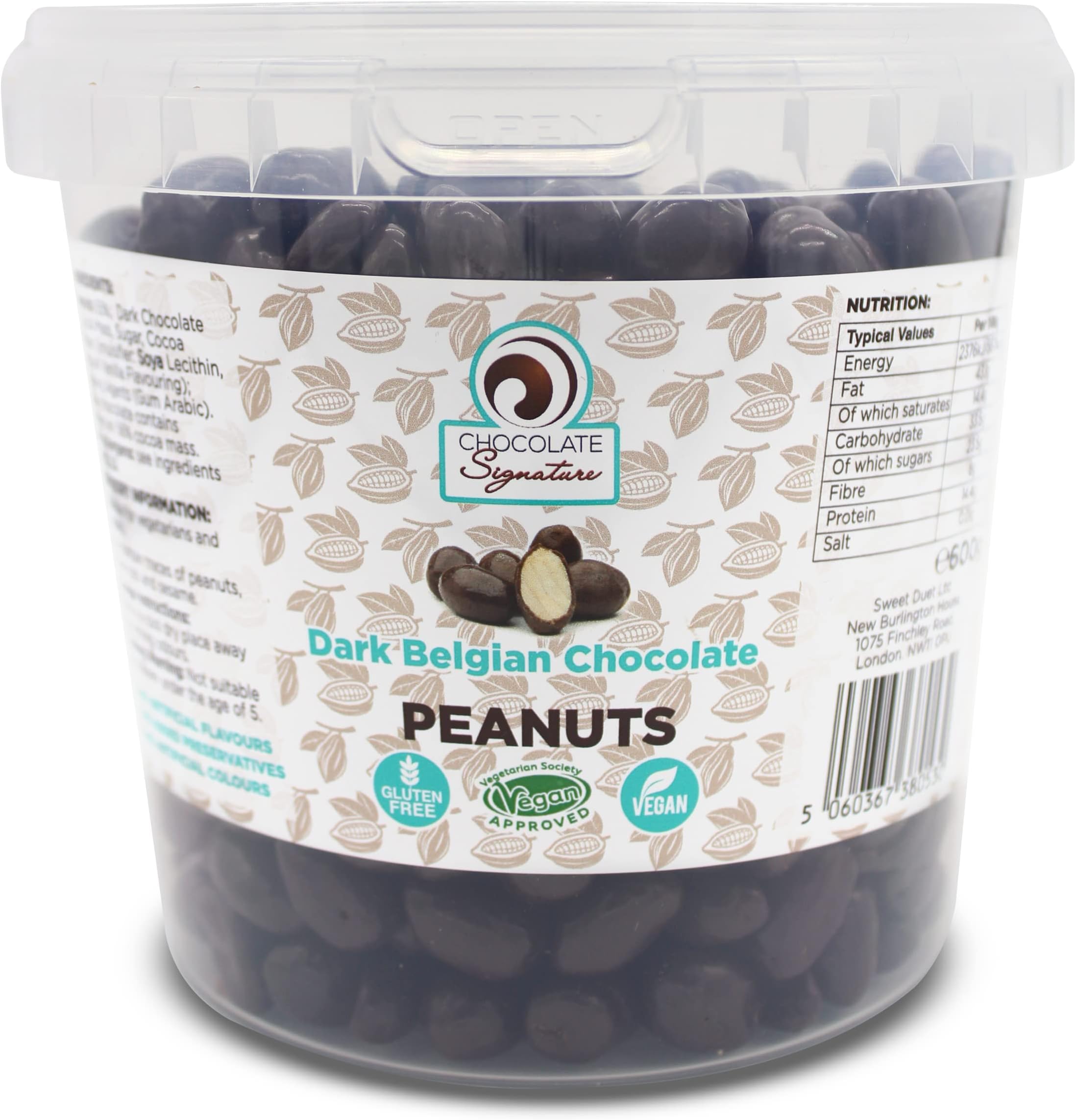 Chocolate Peanuts - 600g, Dark Chocolate Gift Jar, High Protein Snack, Dairy Free, Gluten Free, Vegan, Belgian Chocolate