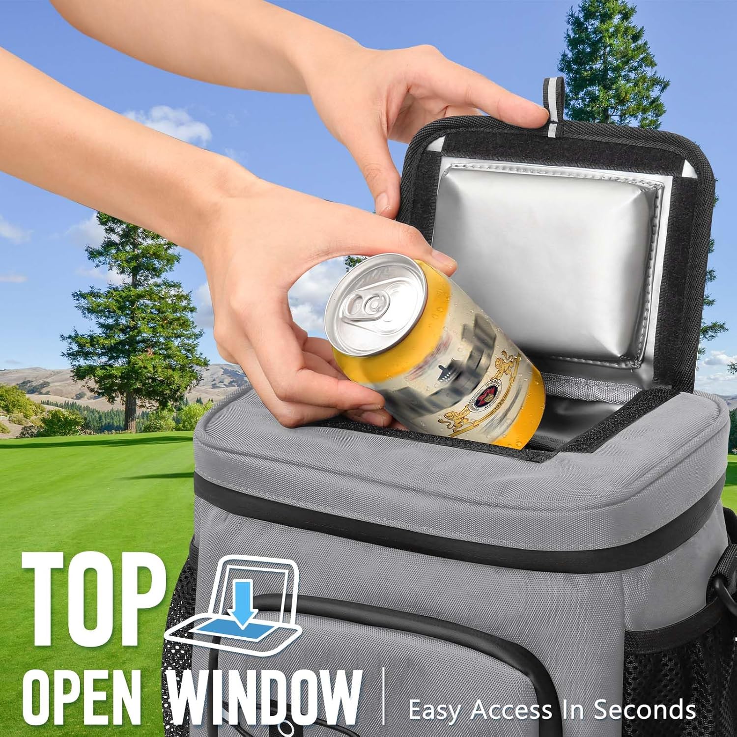 Golf Cart Cooler Bag Insulated - 12-Can Leakproof Soft Cooler Bag with Hook-and-Loop Lid, Waterproof Zippers, and Multi-Pockets for Accessories; Fits on Golf Push Cart