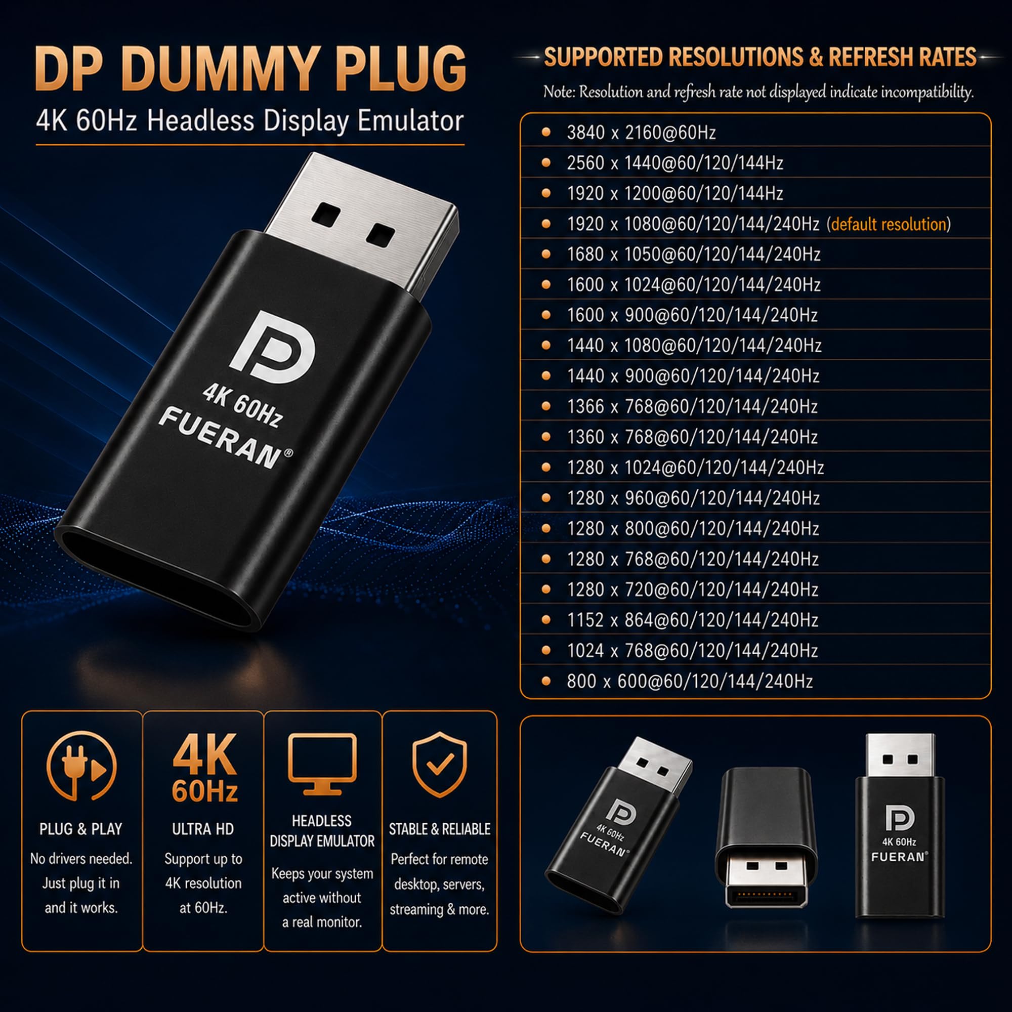 4K60Hz HDR DP Dummy Plug, 3840x2160@60Hz 1440P@120/144Hz 1080P@120/144/240Hz Display Virtual Display Emulator Displayport Dummy Plug, Headless Ghost Display Adapter, Monitor EDID (Black, 1 Pack