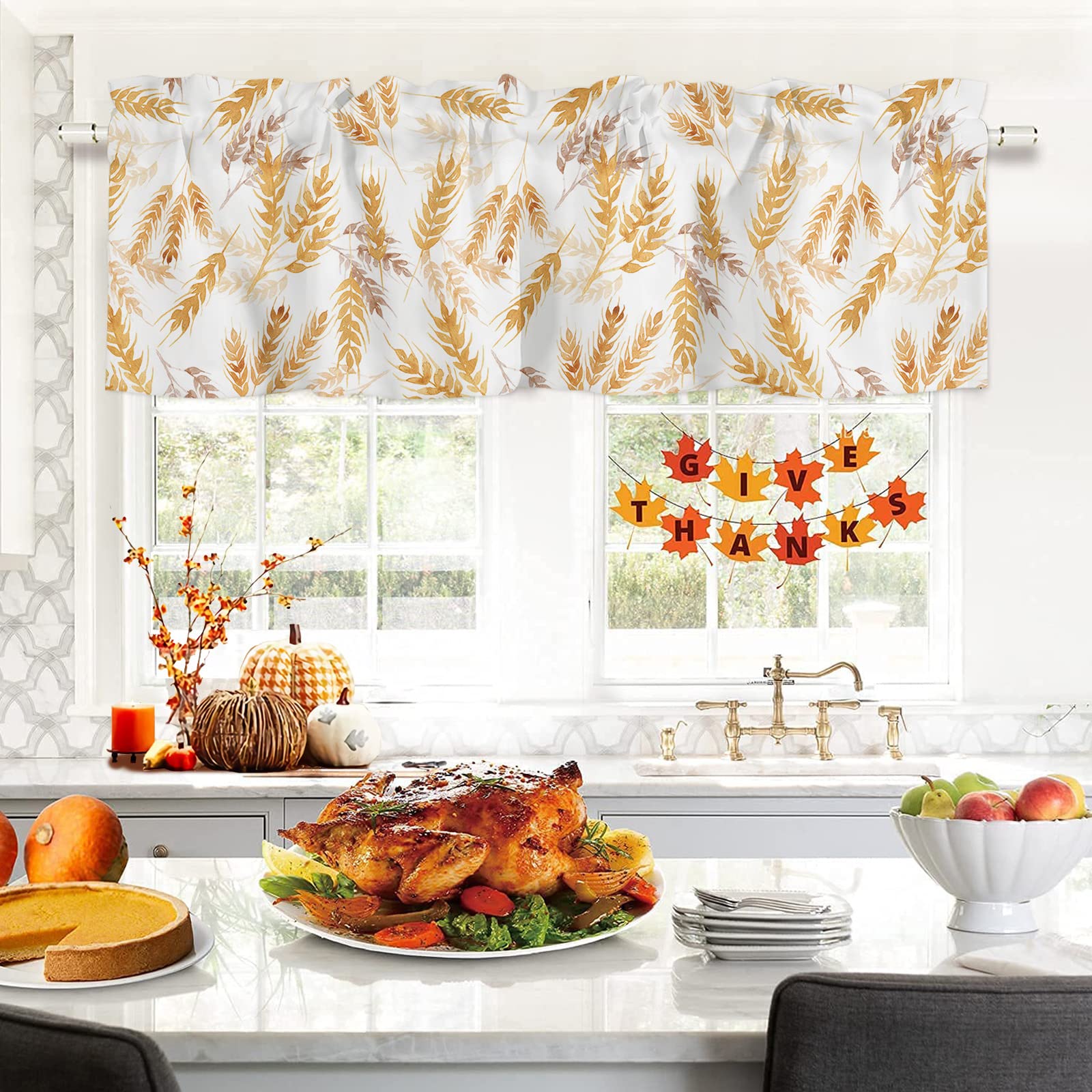Fall Curtain Valance for Window Thanksgiving Barley Ear Fall Harvest Rod Pocket Valance Drapes Window Treatment for Kitchen Living Room Bedroom Holiday Decoration
