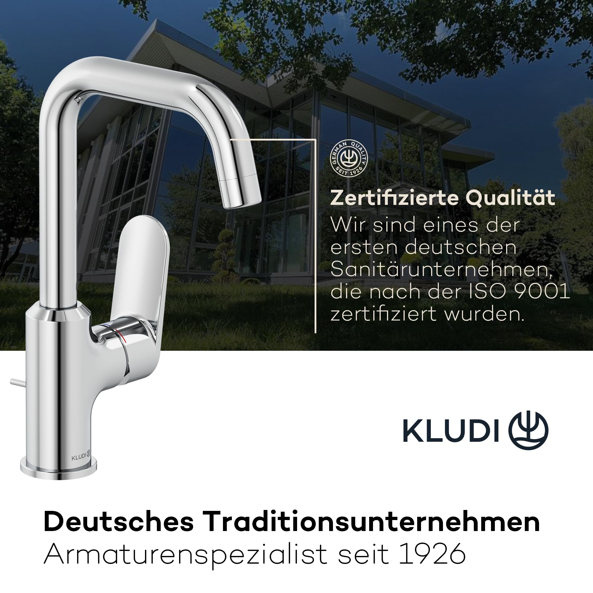 KLUDI-X1 Wasserhahn Bad mit Zugstangen-Ablauf, 360° schwenkbar, Auslaufhöhe 205 mm, wassersparende Waschtischarmatur Größe L, Mischbatterie Waschbecken inkl. Anschlussschläuche in Chrom