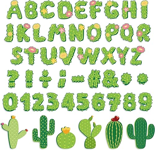 Whaline 110 piezas de cactus para decoración de aula, letras del alfabeto de cactus, números del alfabeto, símbolos de recortes de letras de cactus