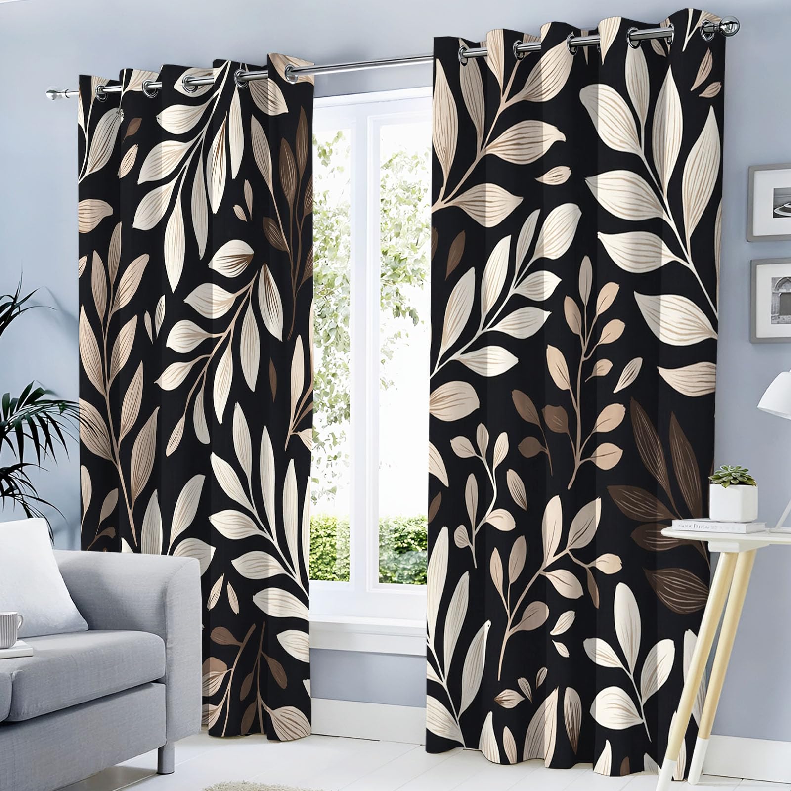 Rideau occultant simple feuilles beige thermique isolant salon
