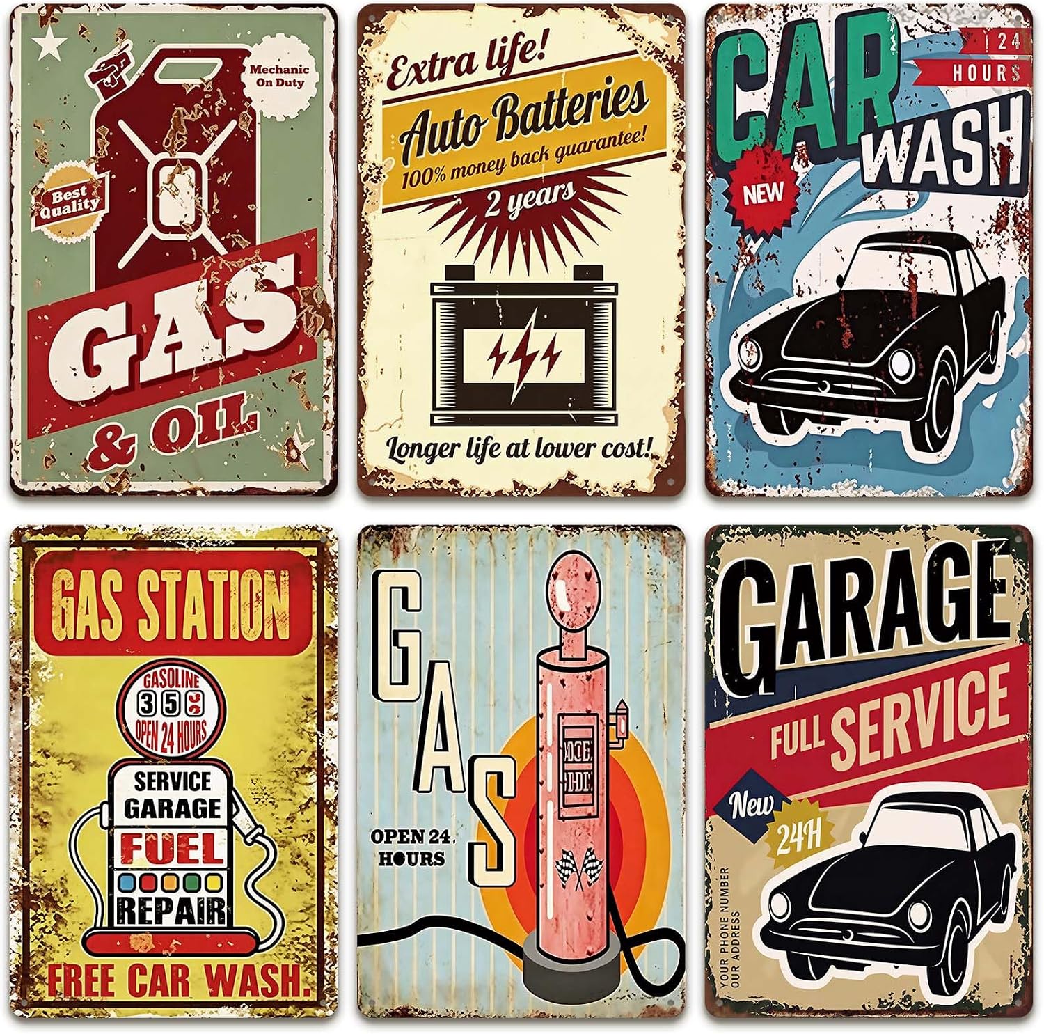 Gas Station Signs, 6-Piece Vintage Garage Wall Decor, 8 x 12 Inch