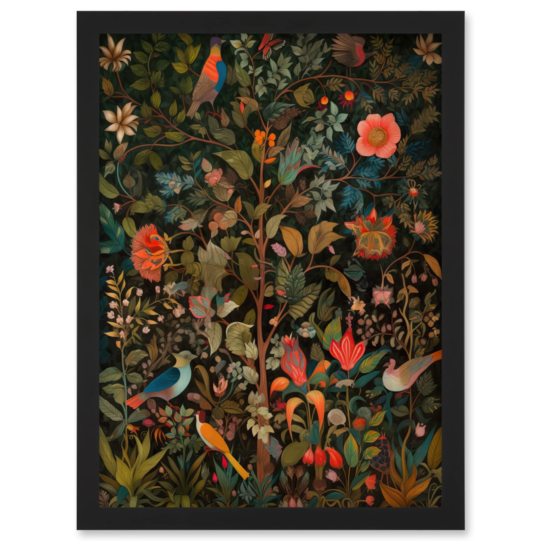 Artery8 Birds on Blooming Trees in Spring Modern Folk Art Artwork Framed Wall Art Print A4