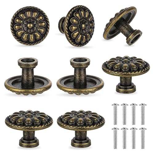 JJUNW 8 Pack Antique Brass Drawer Knobs, Vintage Dresser Drawers Knobs, Solid Round Cabinet Knobs, Single Hole Cabinet Hardware for Refinished Furniture, Diameter 1.18in