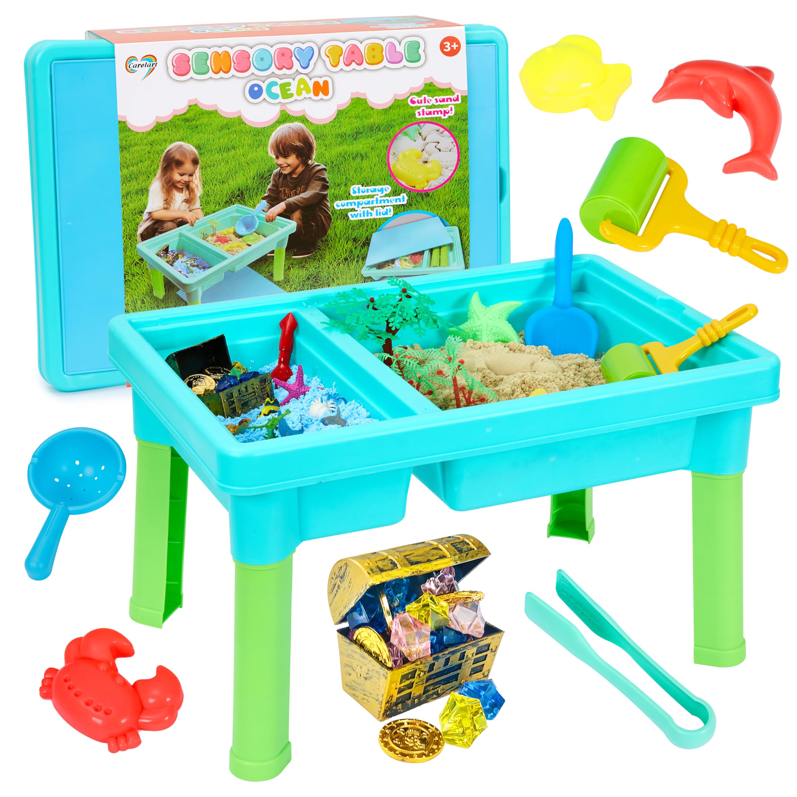 Ocean Sensory Table with Sands, Bin with Lid, Indoor Outdoor Use, Sand Art Kit for Boys and Girls, Toys for Toddlers Age 3-5, 17x11.5x10.2 Inches