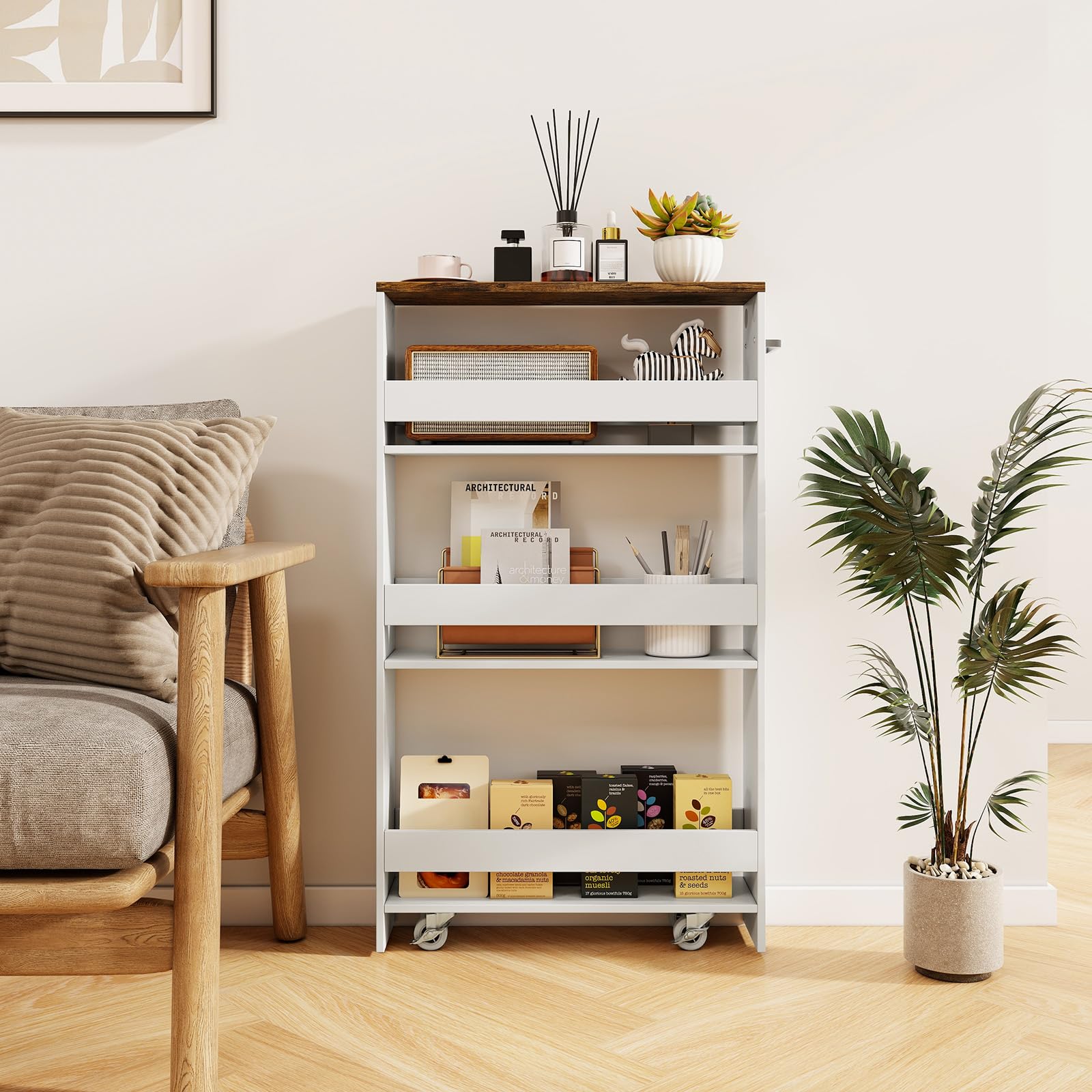 KOMFOTTEU Carrello Portaoggetti a 4 Ripiani con Ruote Rirevoli a 360°, Carrellino Scorrevole con Maniglia Slim, da Bagno, Cucina, Lavanderia, 47,5 x 20 x 80,5 cm (Bianco e Marrone, Senza Presa)