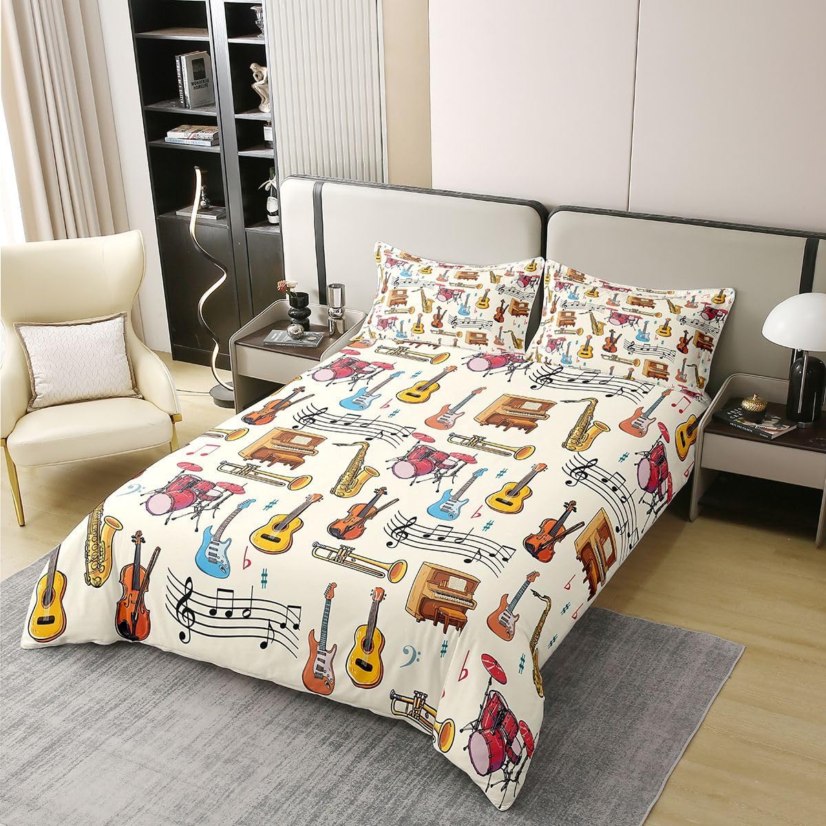 Manfei Music 100% Cotton Duvet Cover Set Full Size,Guitar Violin Saxophone Piano Drums Bedding Set 3pcs,Black Musical Nots Quilt Cover,Kids Boys Girls Room Decor,2 Pillowcases,No Comforter image 2