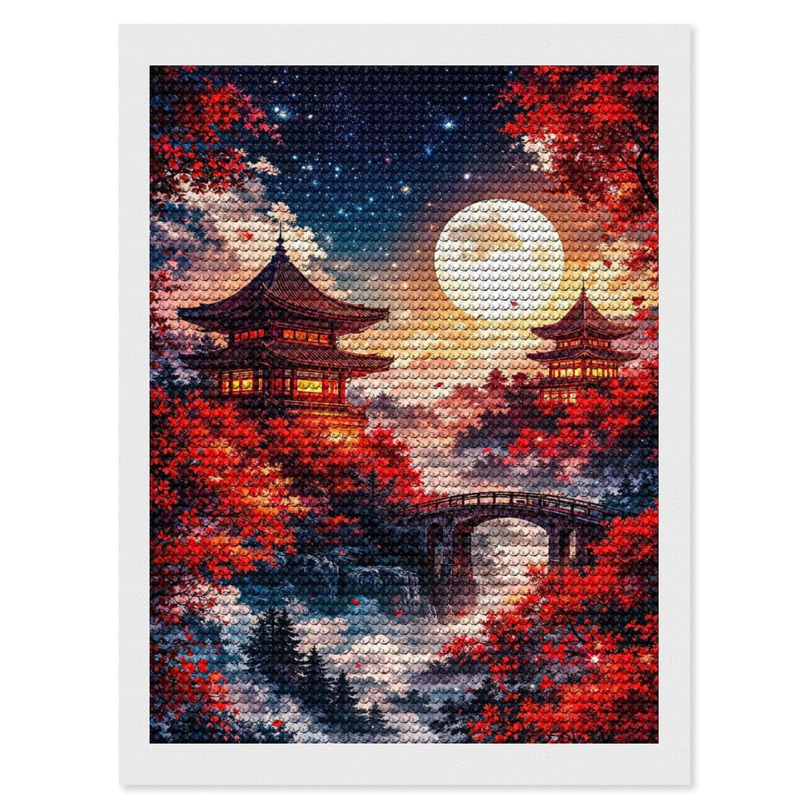 Junmoney Enchanting Japanese Pagodas Under A Full Moon Round Drill Diamond Painting 12"x16", Handmade Wall Decor, Modern Decor, Aesthetic Room Decor, Easy Craft Set