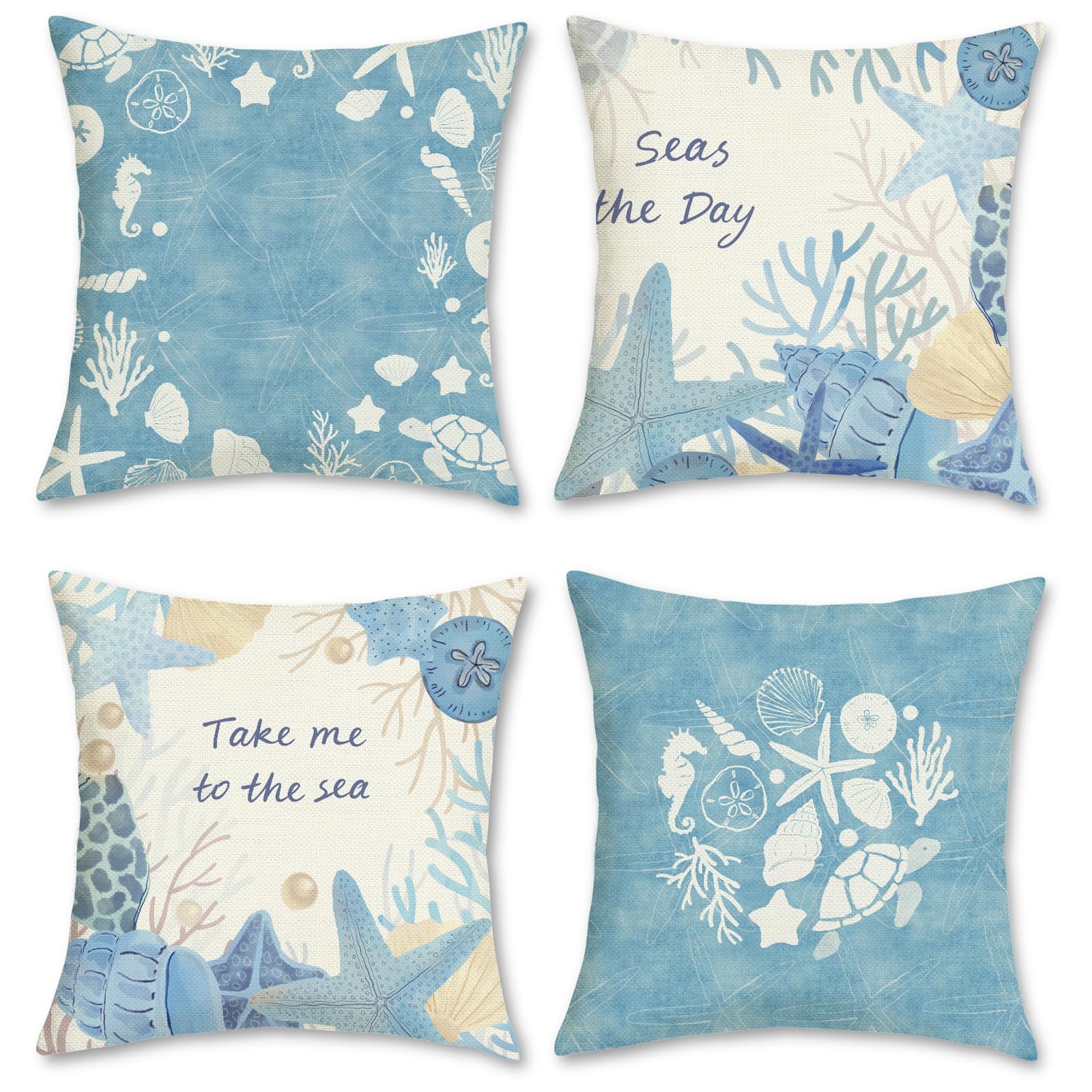 Set Di 2 Federe Per Cuscini 45x45 Cm - Motivo Nautico Blu Con Stella Marina E Conchiglie - Cuscini Decorativi Per Divano