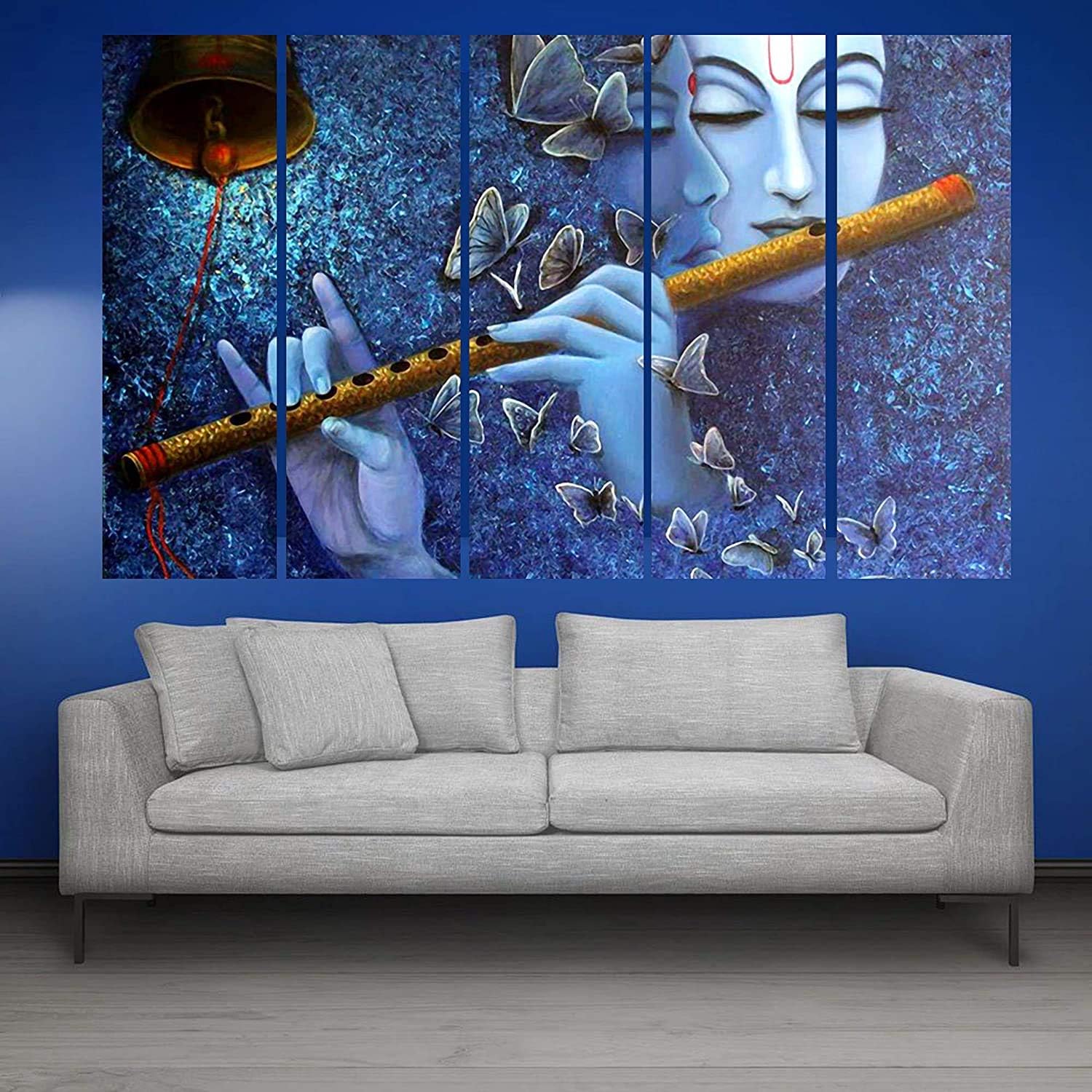 KYARA ARTS Big Size Multiple Frames, Beautiful Radha Krishna with bansuri Wall Painting for Living Room, Bedroom, Office, Hotels, Drawing Room Wooden Framed Digital Painting (72x40)